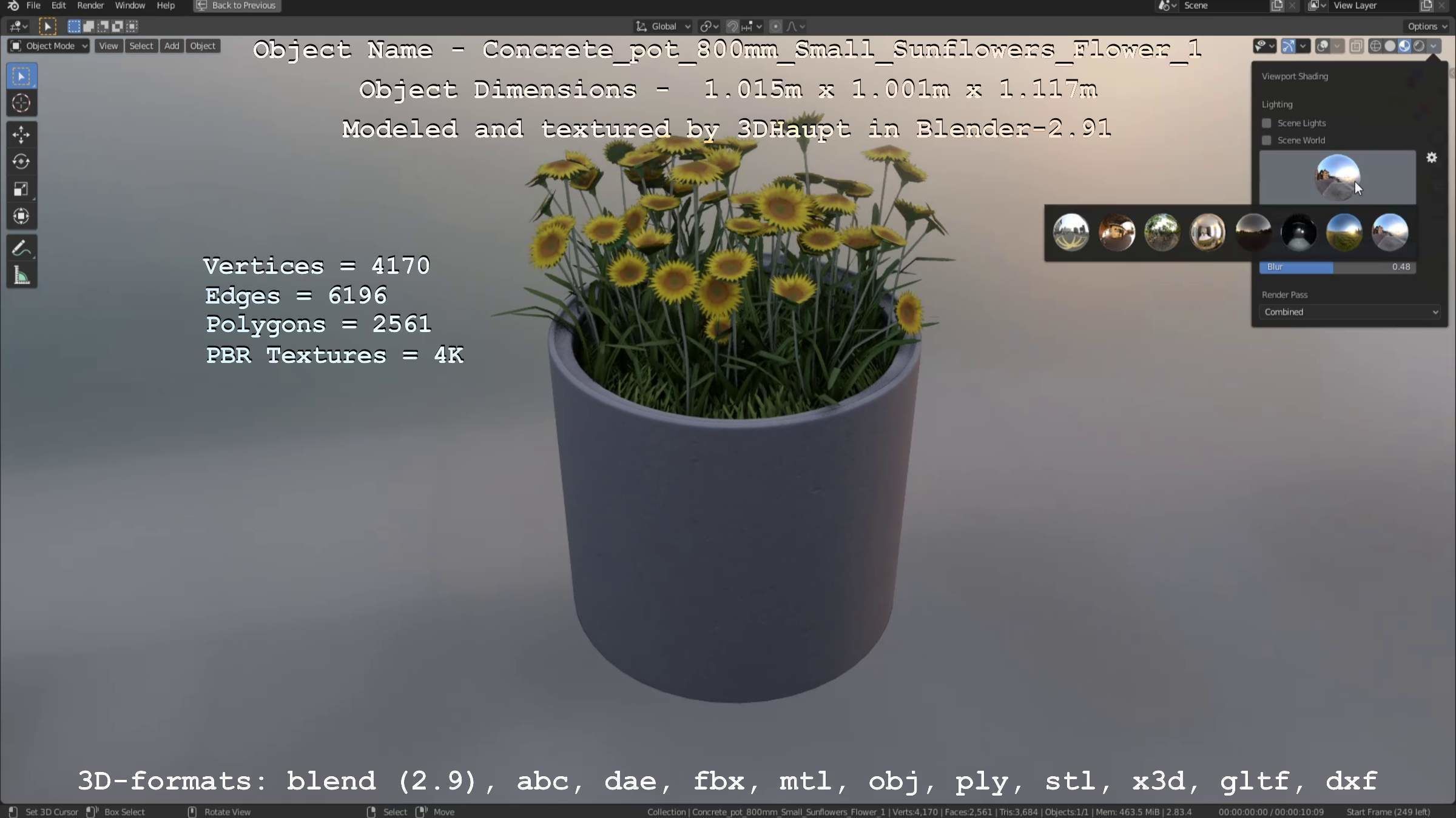 Concrete Pipe Pot 800mm Small with Sunflowers Version 1 Low-poly 3D model_50