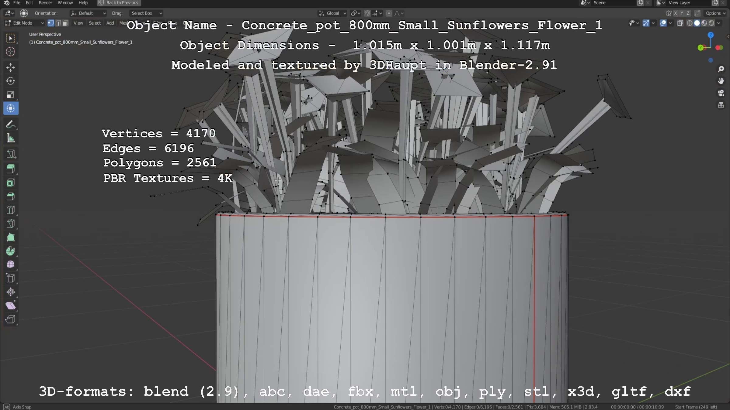 Concrete Pipe Pot 800mm Small with Sunflowers Version 1 Low-poly 3D model_10