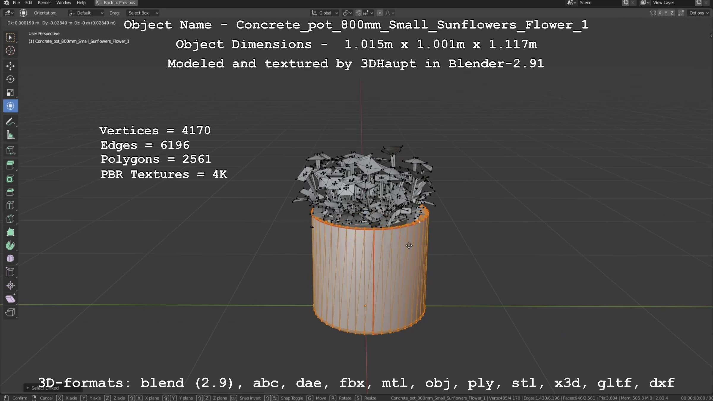 Concrete Pipe Pot 800mm Small with Sunflowers Version 1 Low-poly 3D model_58