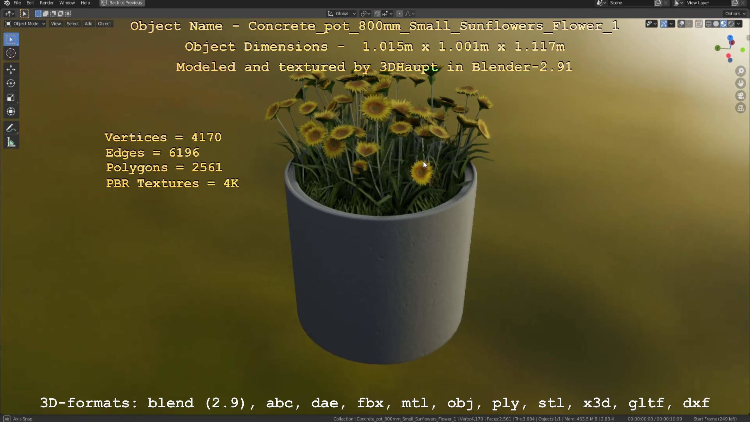 Concrete Pipe Pot 800mm Small with Sunflowers Version 1 Low-poly 3D model_116