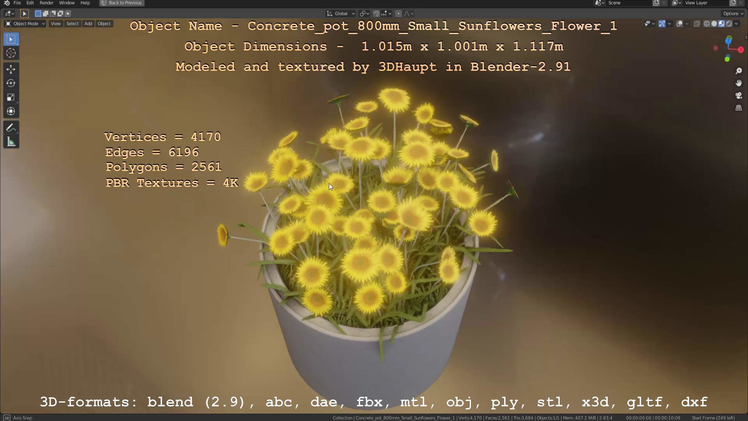 Concrete Pipe Pot 800mm Small with Sunflowers Version 1 Low-poly 3D model_35