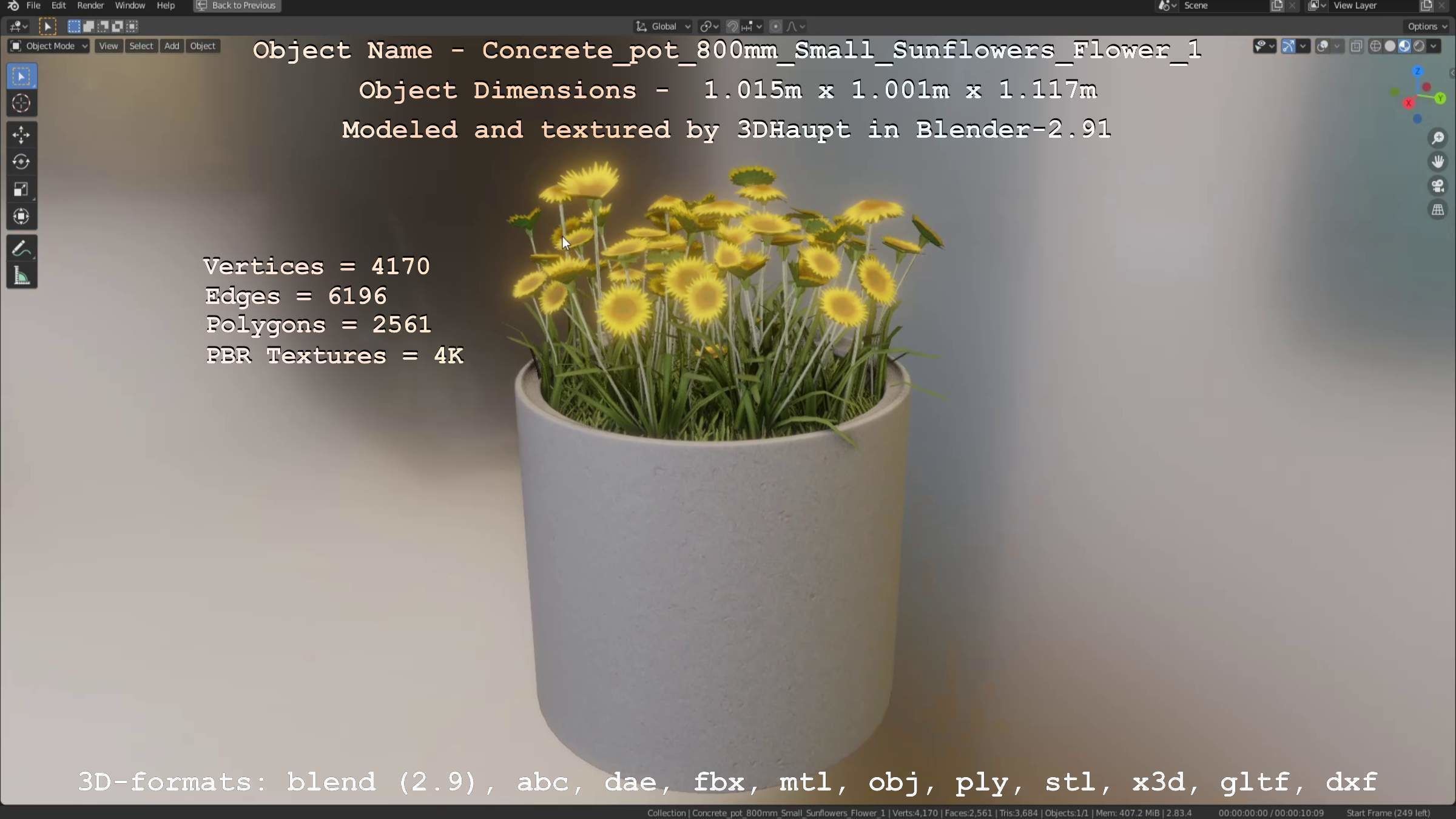 Concrete Pipe Pot 800mm Small with Sunflowers Version 1 Low-poly 3D model_100