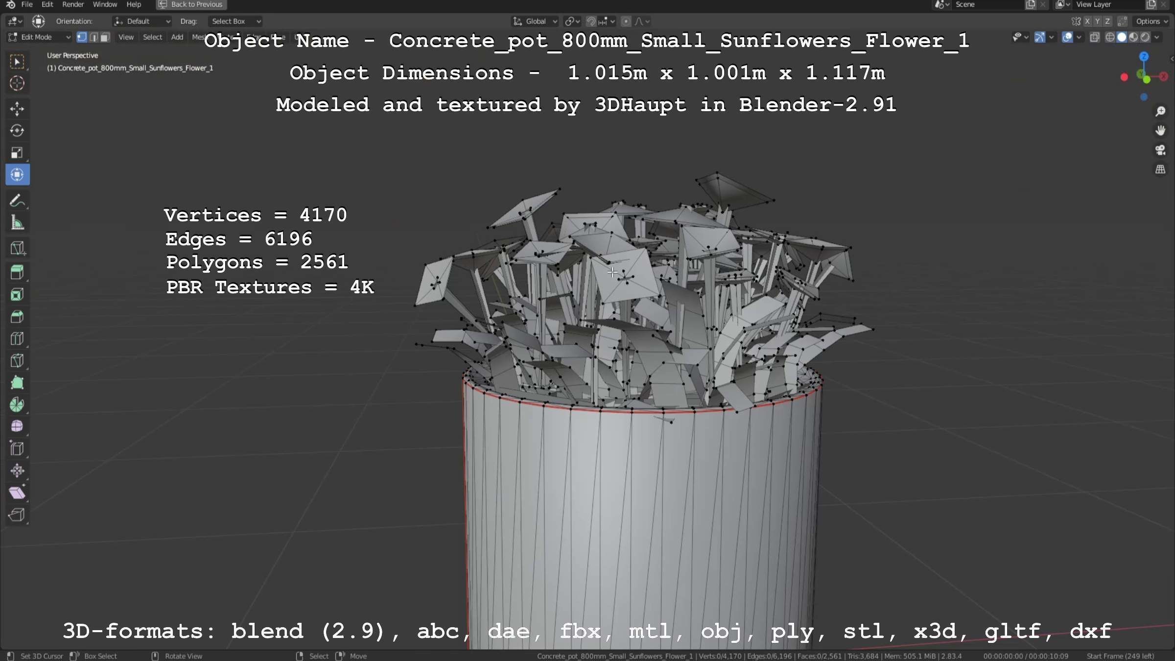 Concrete Pipe Pot 800mm Small with Sunflowers Version 1 Low-poly 3D model_135
