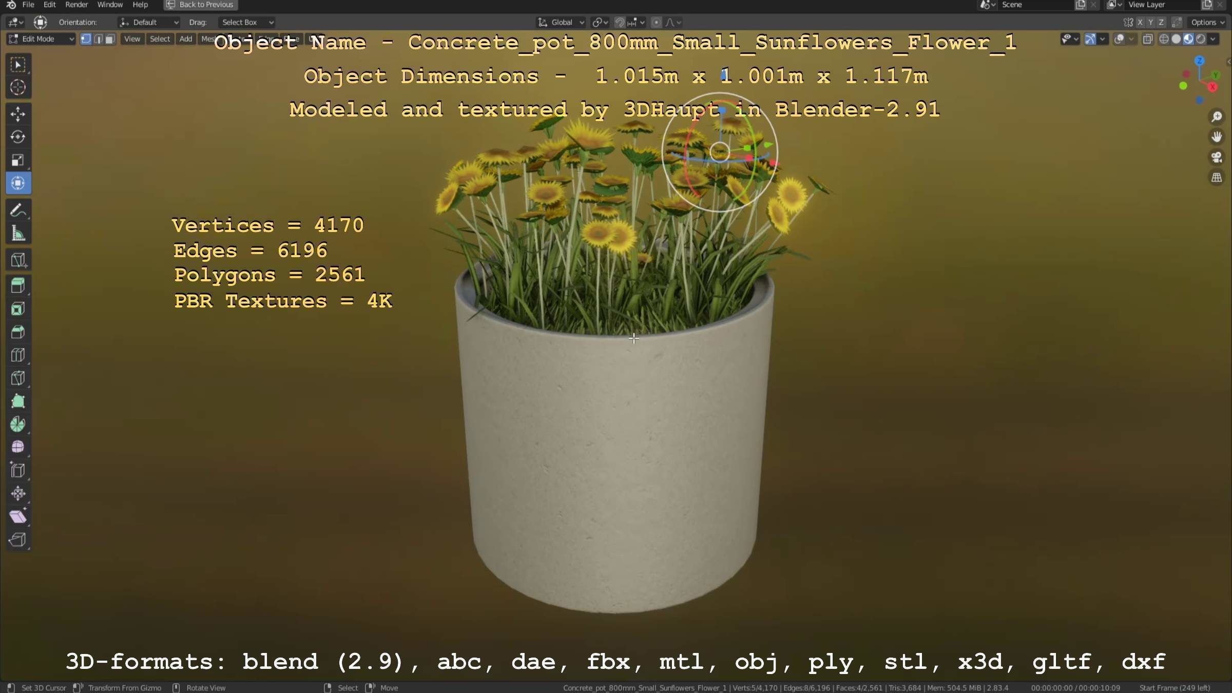 Concrete Pipe Pot 800mm Small with Sunflowers Version 1 Low-poly 3D model_122