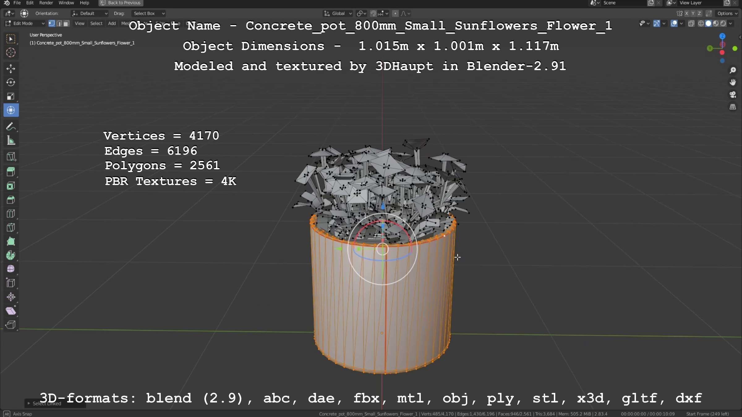 Concrete Pipe Pot 800mm Small with Sunflowers Version 1 Low-poly 3D model_57
