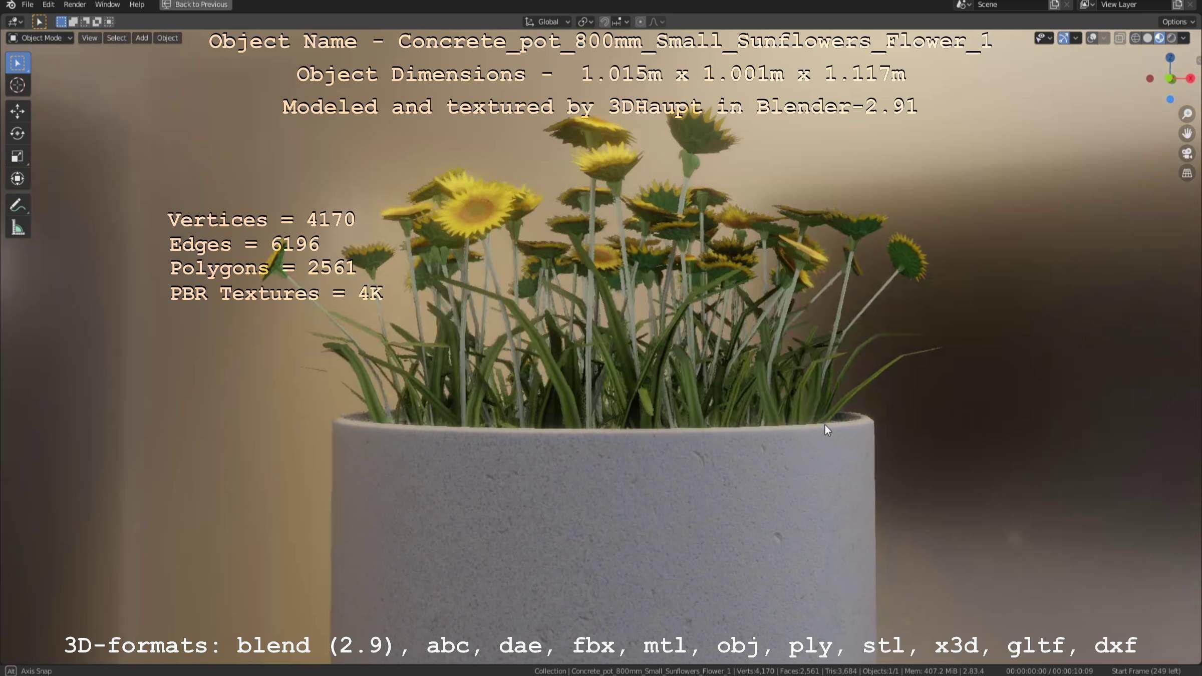 Concrete Pipe Pot 800mm Small with Sunflowers Version 1 Low-poly 3D model_42