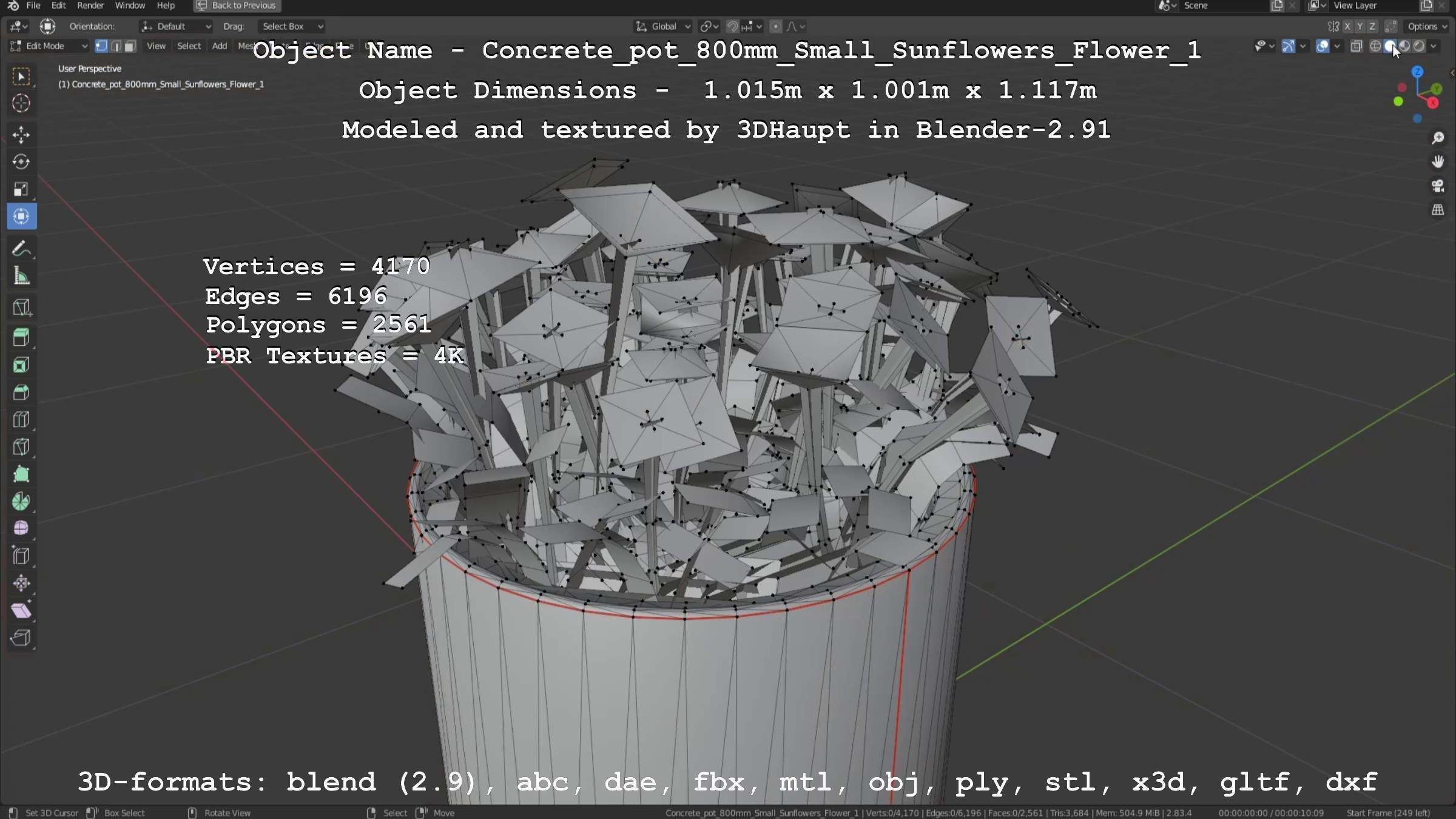 Concrete Pipe Pot 800mm Small with Sunflowers Version 1 Low-poly 3D model_62
