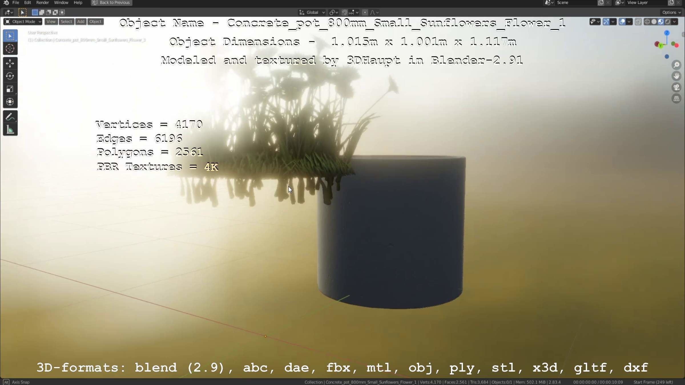 Concrete Pipe Pot 800mm Small with Sunflowers Version 1 Low-poly 3D model_25