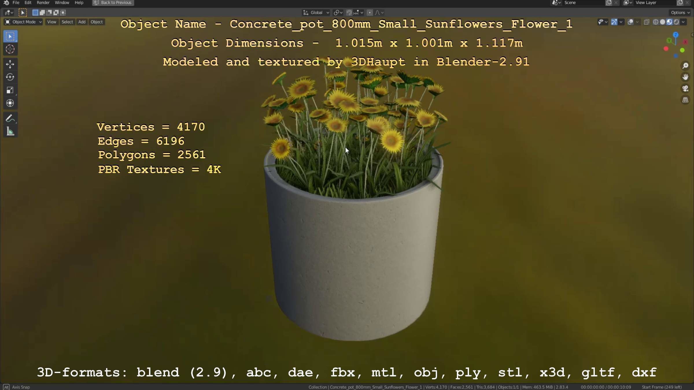 Concrete Pipe Pot 800mm Small with Sunflowers Version 1 Low-poly 3D model_3