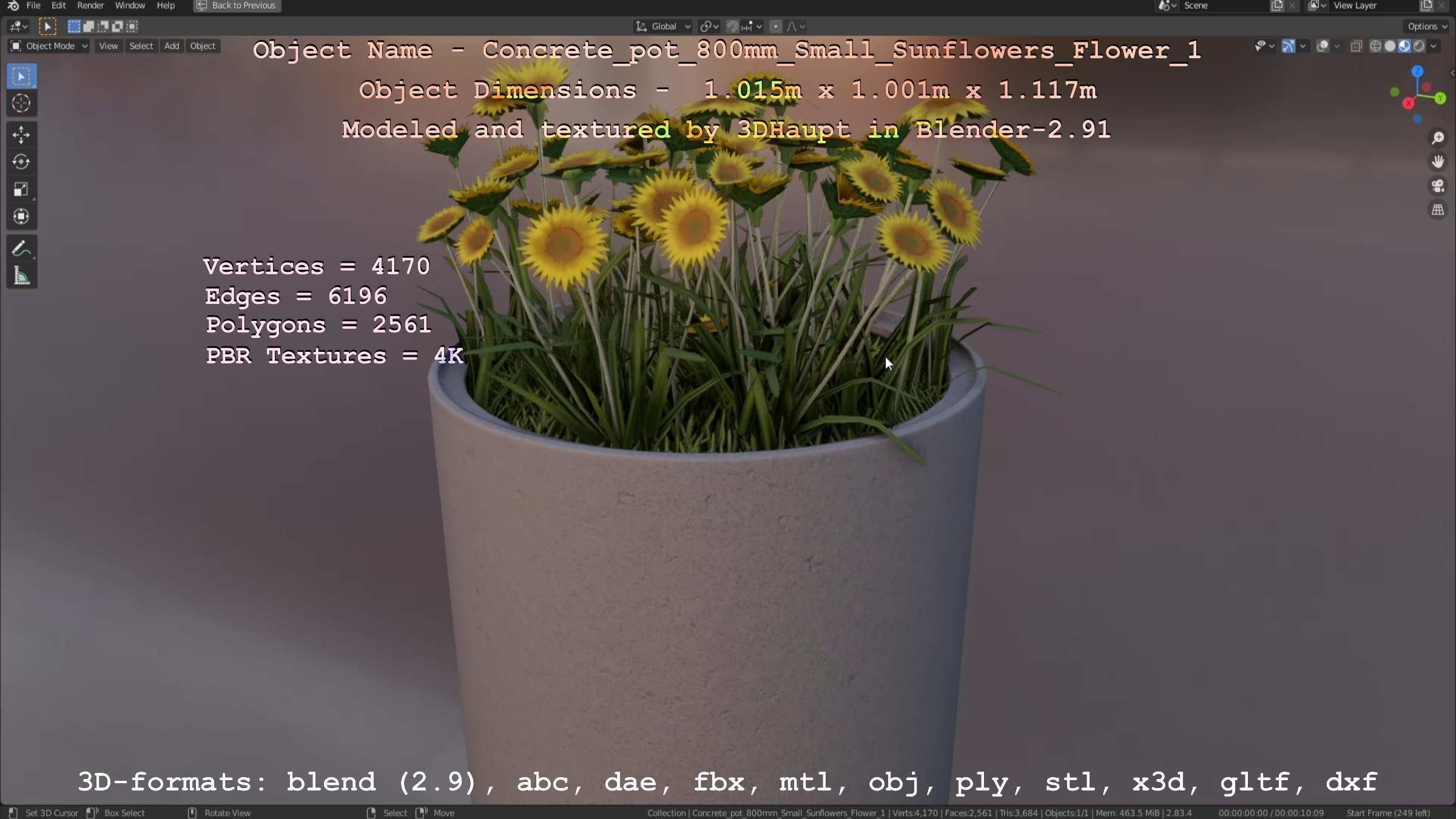 Concrete Pipe Pot 800mm Small with Sunflowers Version 1 Low-poly 3D model_49