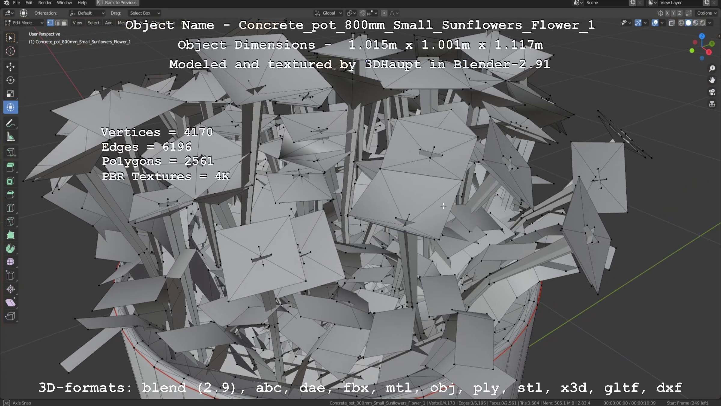 Concrete Pipe Pot 800mm Small with Sunflowers Version 1 Low-poly 3D model_95