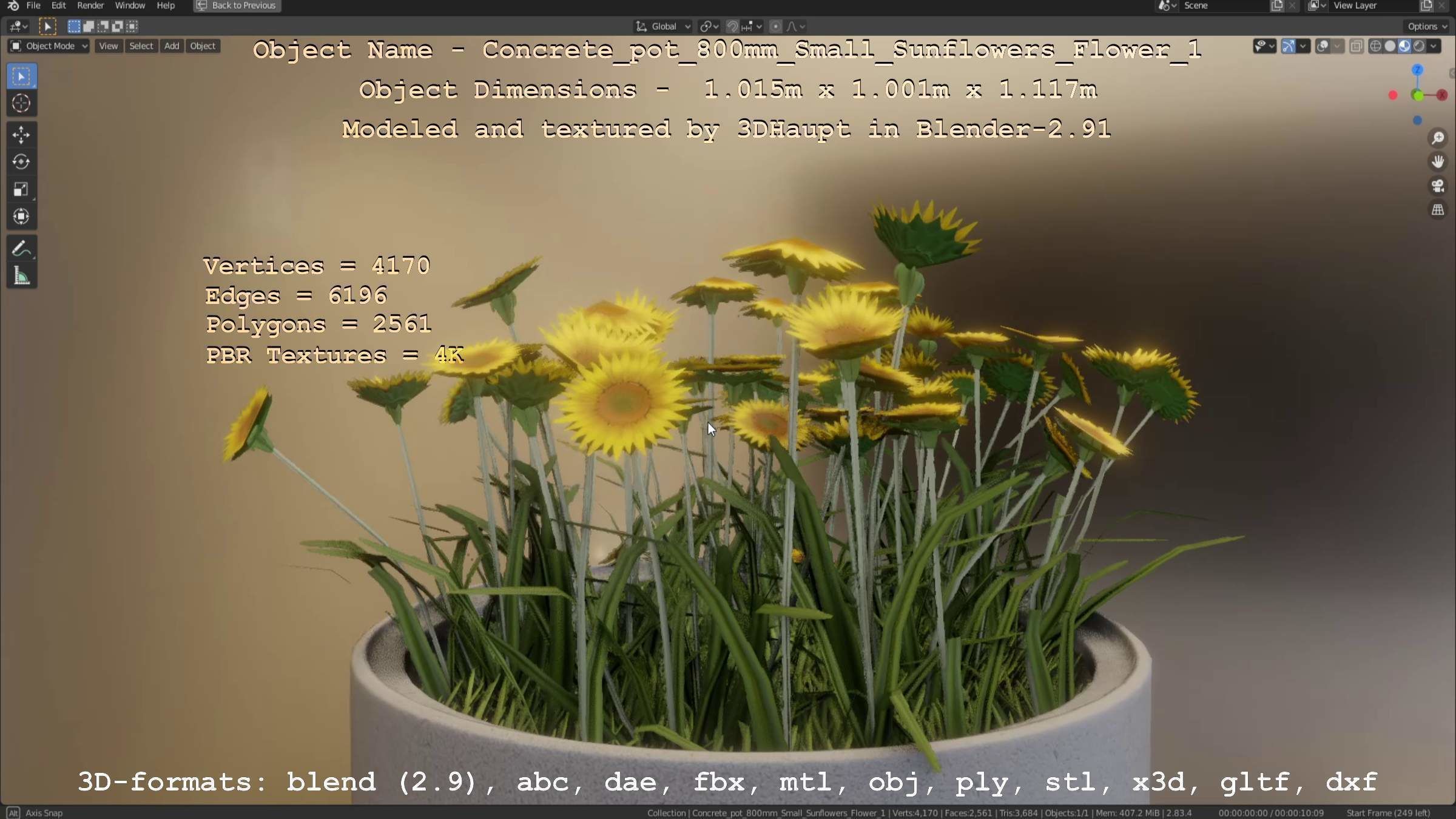 Concrete Pipe Pot 800mm Small with Sunflowers Version 1 Low-poly 3D model_92