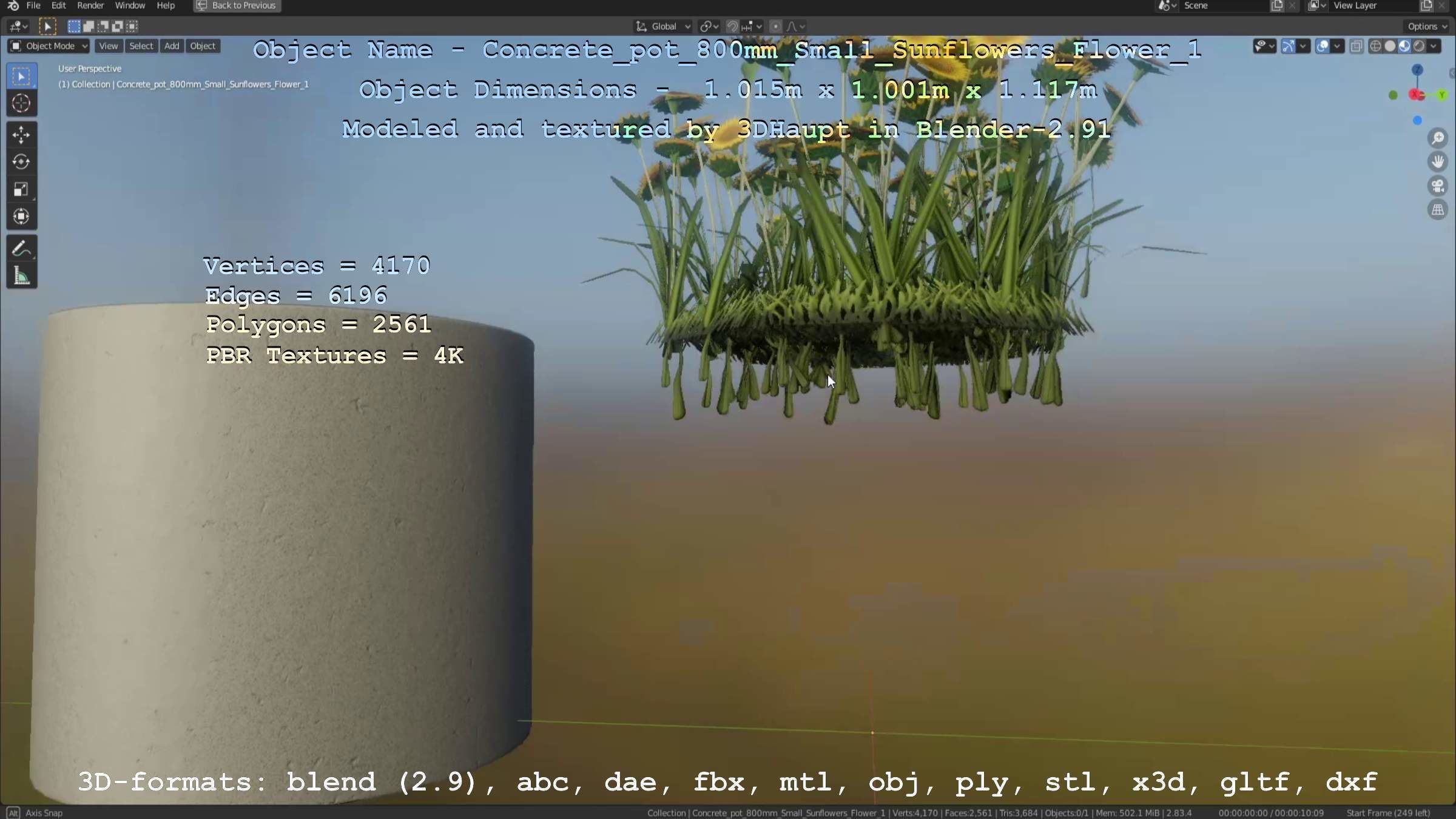 Concrete Pipe Pot 800mm Small with Sunflowers Version 1 Low-poly 3D model_22
