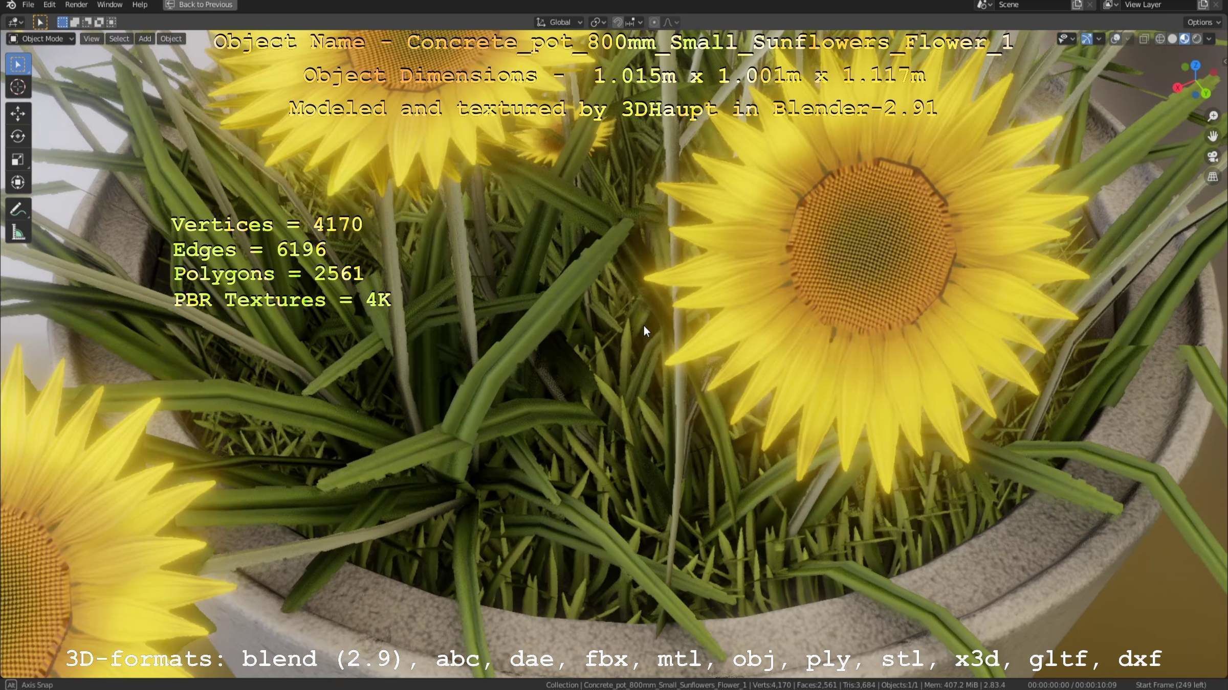 Concrete Pipe Pot 800mm Small with Sunflowers Version 1 Low-poly 3D model_38