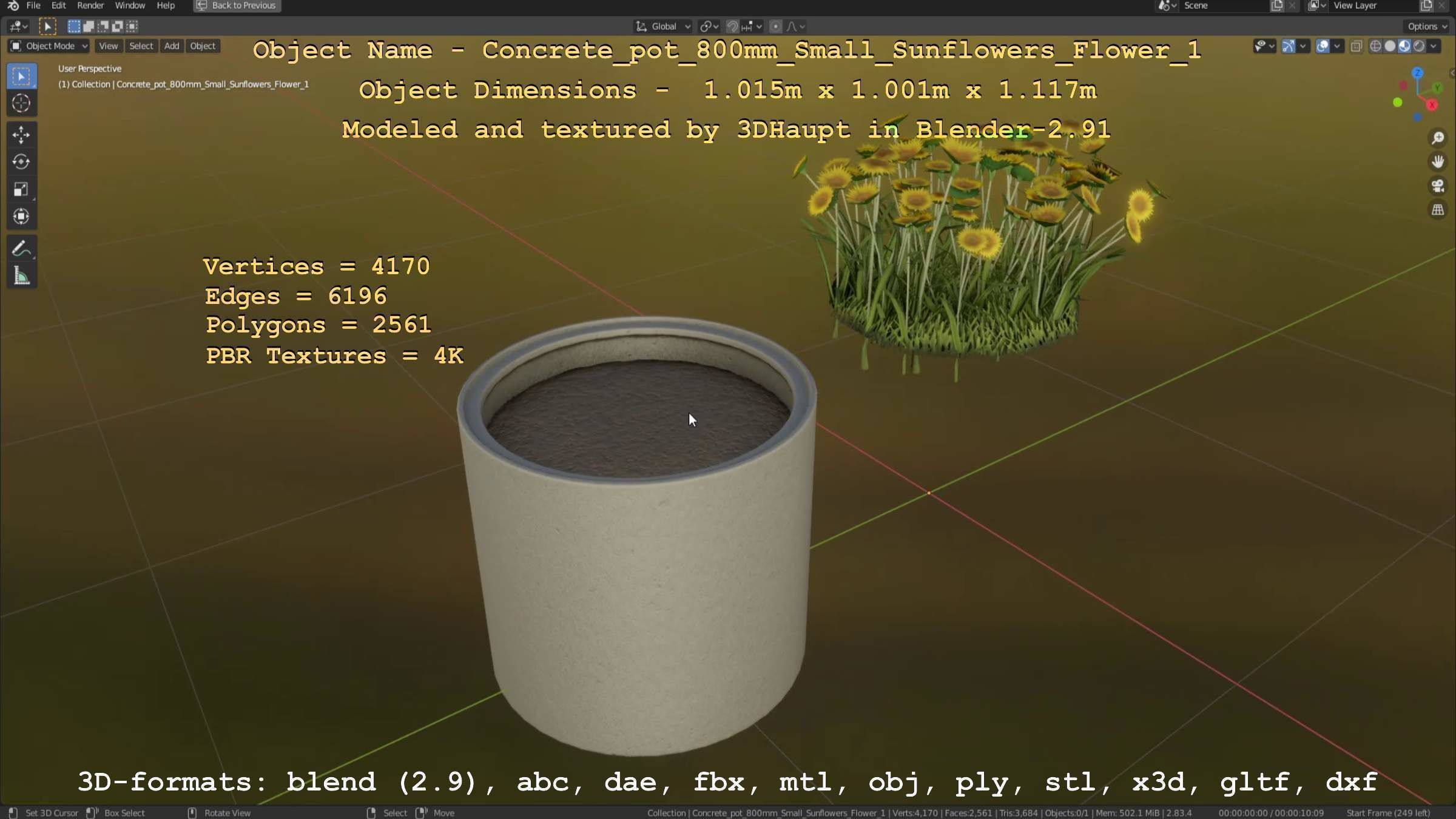 Concrete Pipe Pot 800mm Small with Sunflowers Version 1 Low-poly 3D model_31