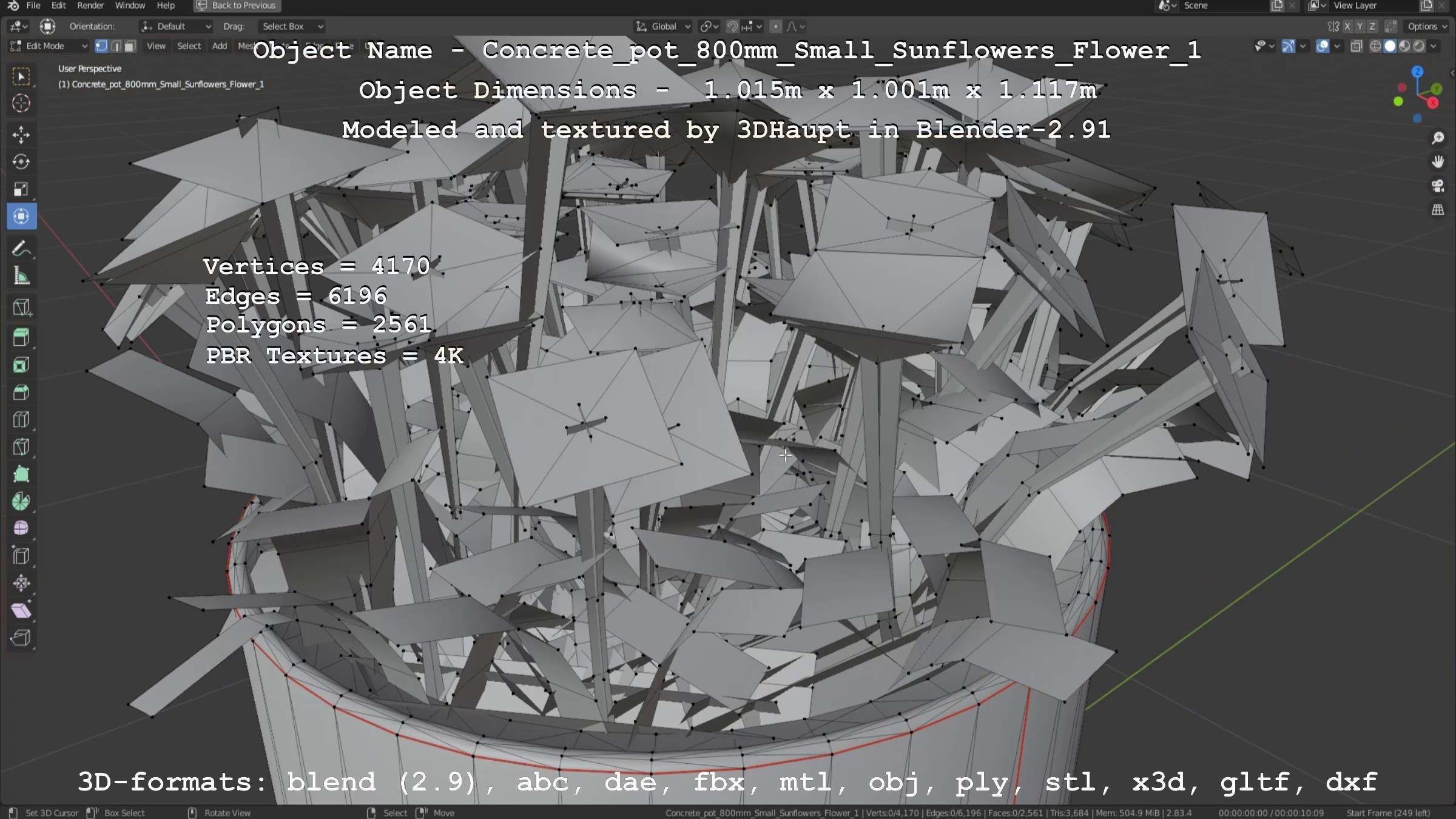 Concrete Pipe Pot 800mm Small with Sunflowers Version 1 Low-poly 3D model_73