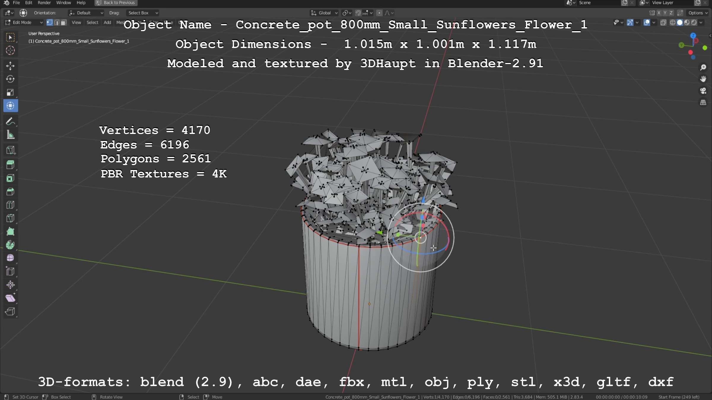 Concrete Pipe Pot 800mm Small with Sunflowers Version 1 Low-poly 3D model_55