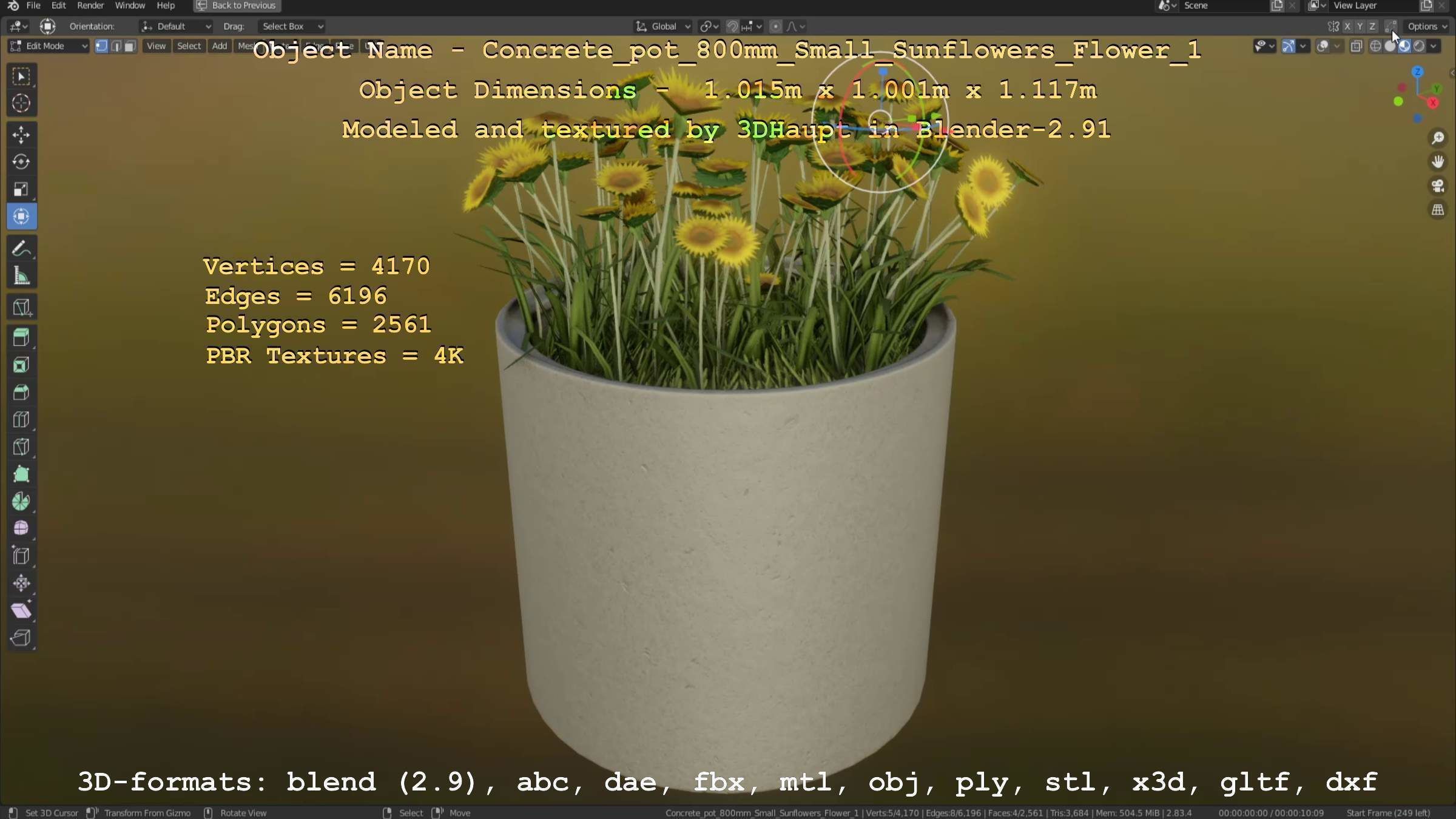 Concrete Pipe Pot 800mm Small with Sunflowers Version 1 Low-poly 3D model_124