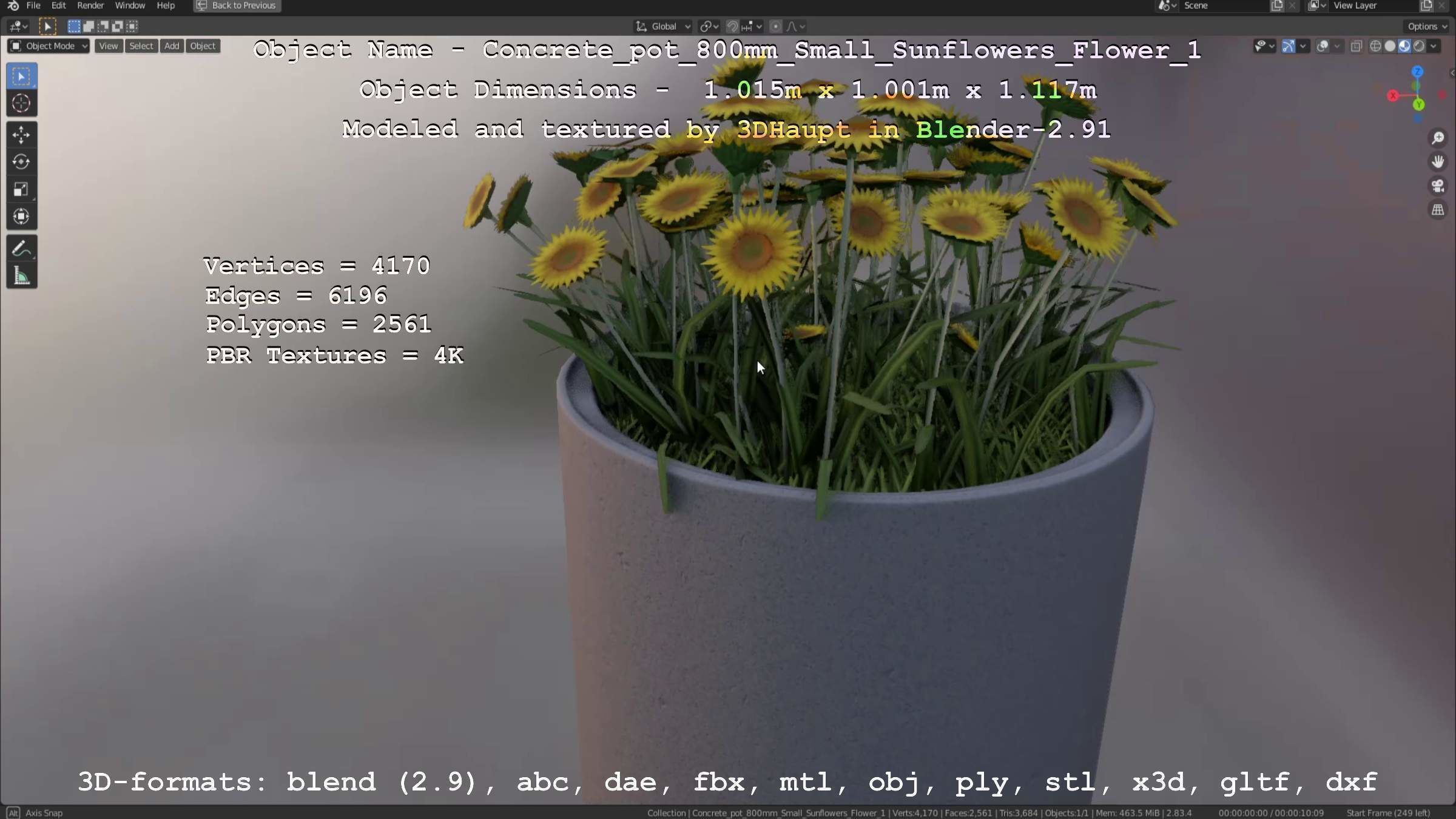 Concrete Pipe Pot 800mm Small with Sunflowers Version 1 Low-poly 3D model_111