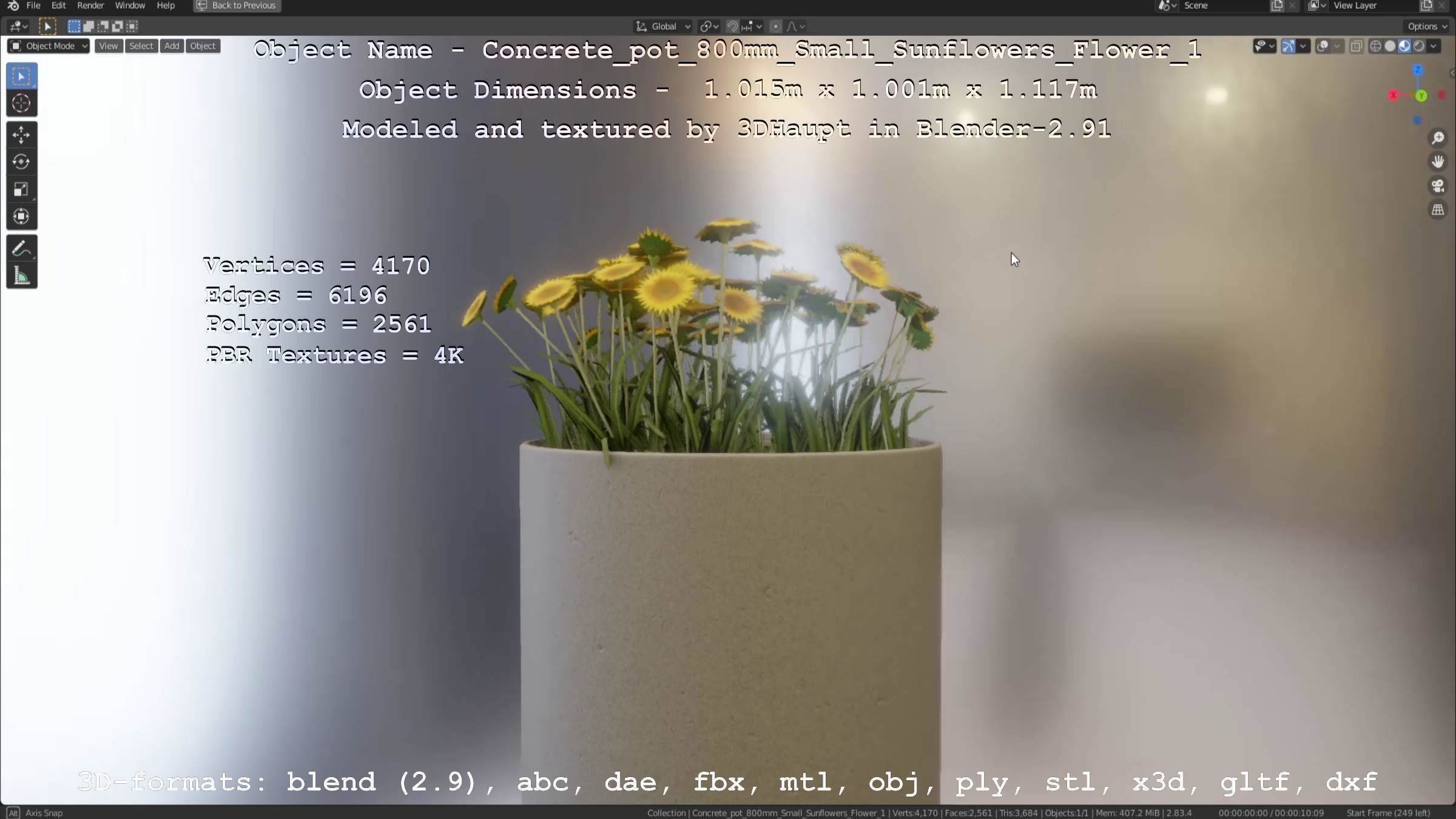 Concrete Pipe Pot 800mm Small with Sunflowers Version 1 Low-poly 3D model_13