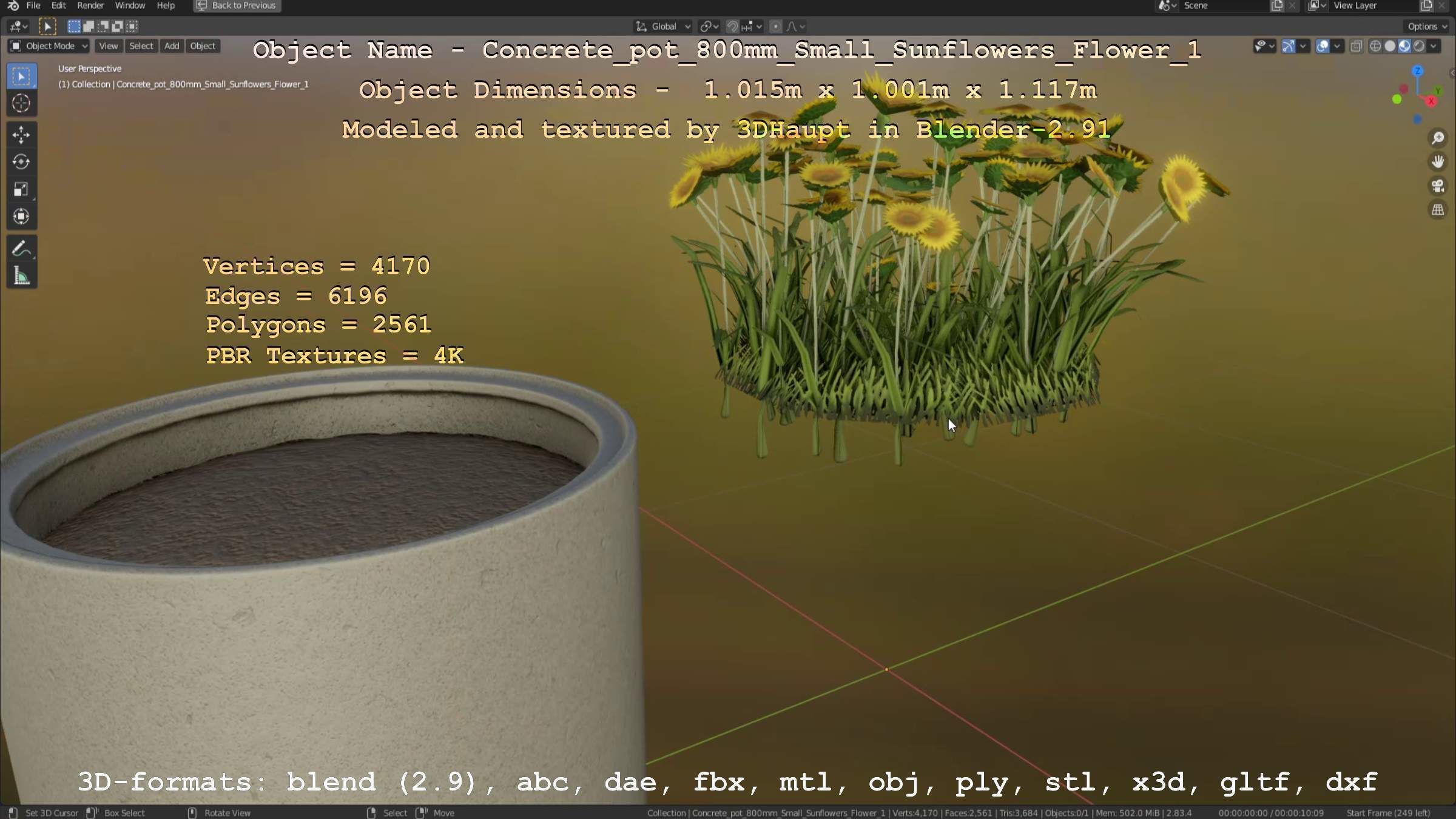 Concrete Pipe Pot 800mm Small with Sunflowers Version 1 Low-poly 3D model_21