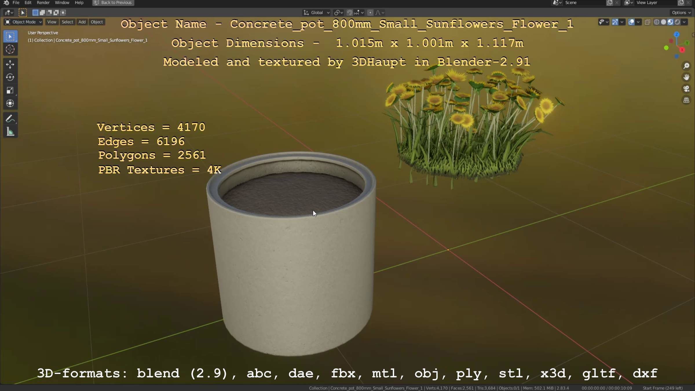 Concrete Pipe Pot 800mm Small with Sunflowers Version 1 Low-poly 3D model_30