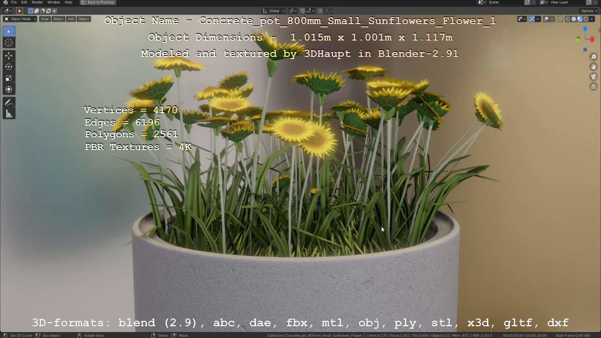 Concrete Pipe Pot 800mm Small with Sunflowers Version 1 Low-poly 3D model_87