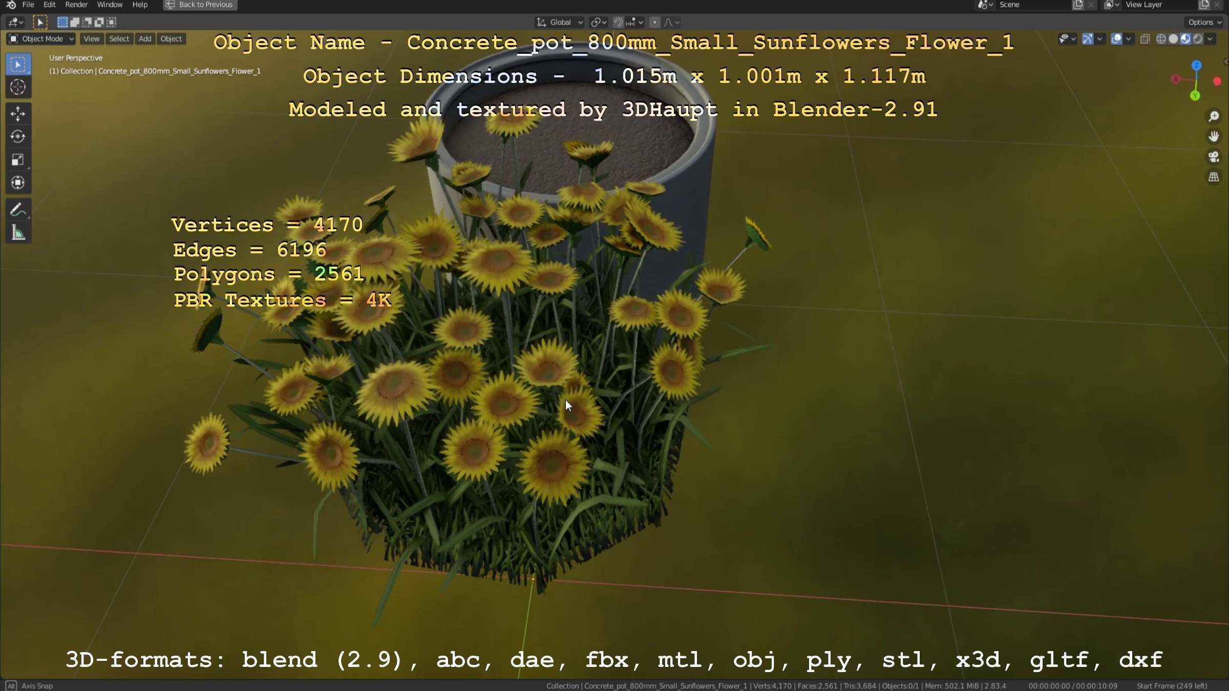 Concrete Pipe Pot 800mm Small with Sunflowers Version 1 Low-poly 3D model_69