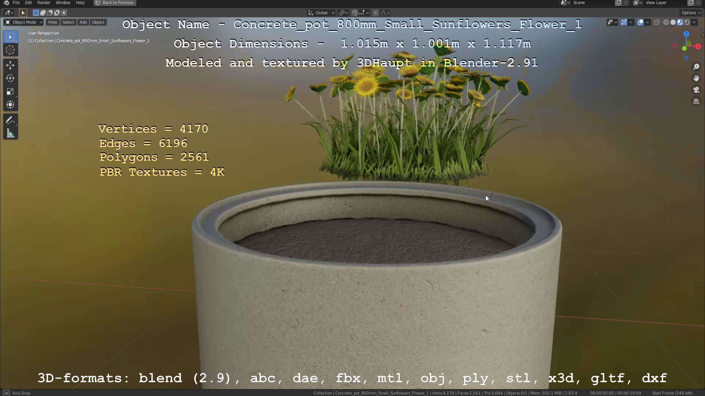 Concrete Pipe Pot 800mm Small with Sunflowers Version 1 Low-poly 3D model_71