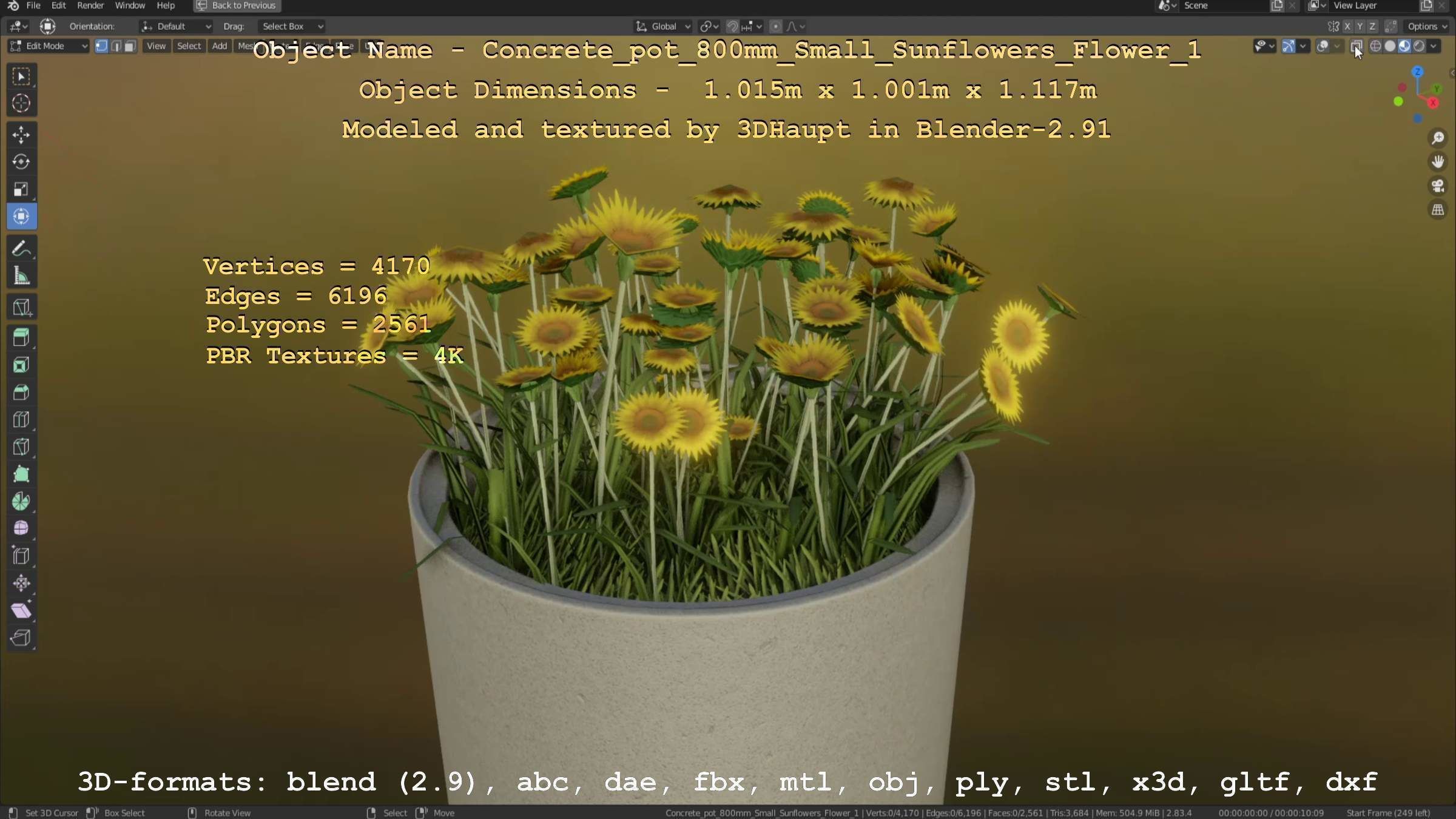 Concrete Pipe Pot 800mm Small with Sunflowers Version 1 Low-poly 3D model_133