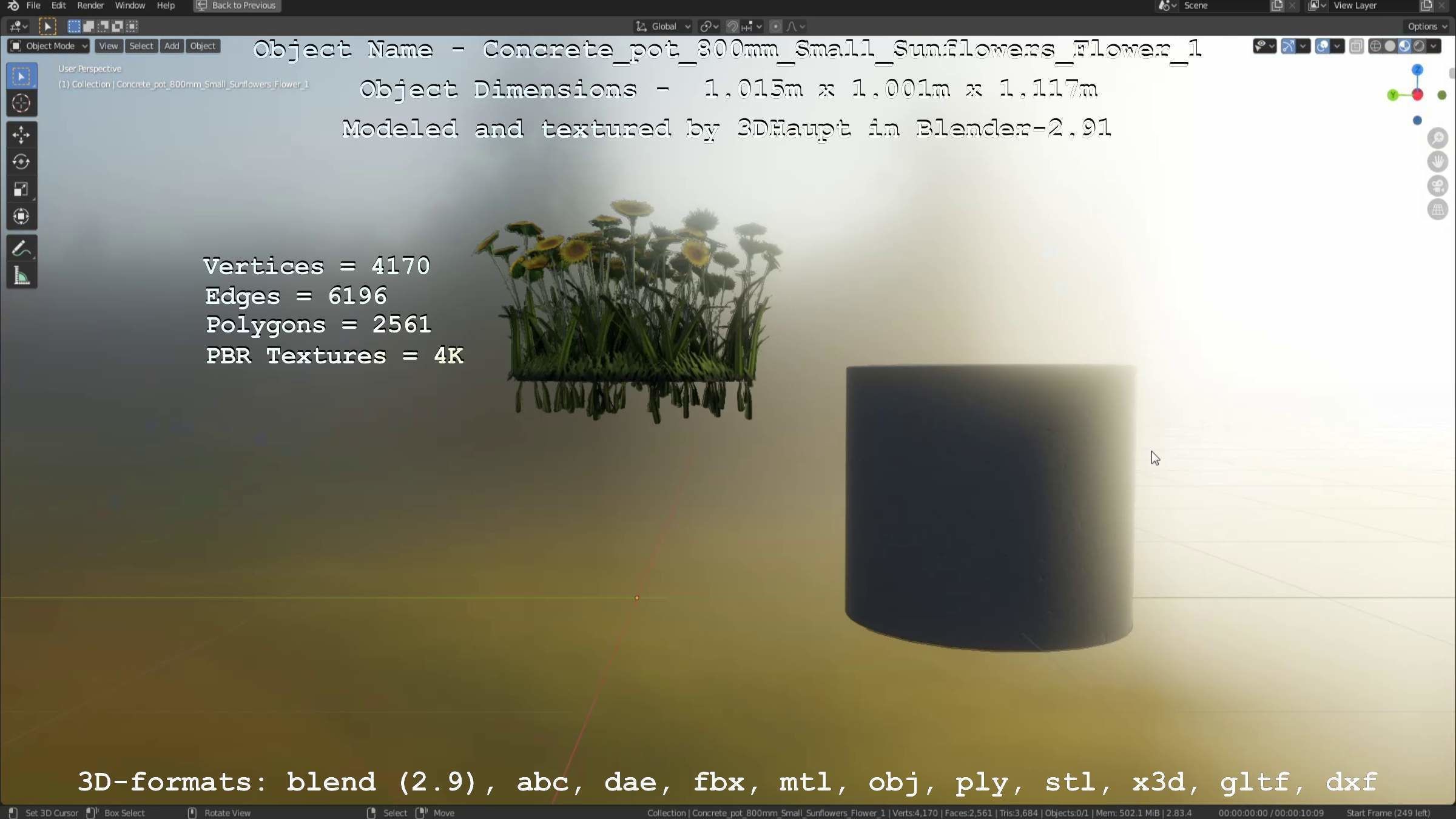 Concrete Pipe Pot 800mm Small with Sunflowers Version 1 Low-poly 3D model_72