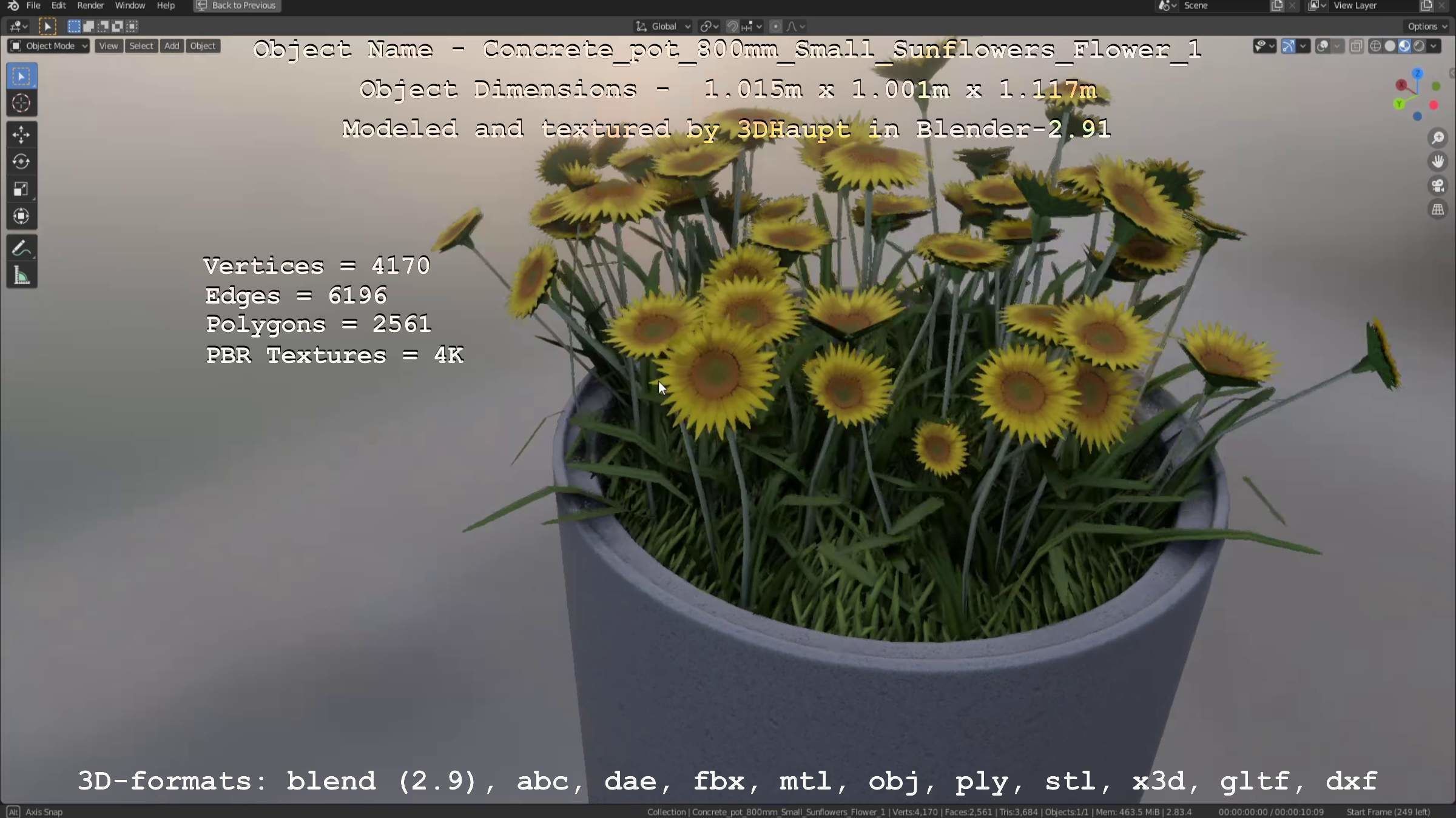 Concrete Pipe Pot 800mm Small with Sunflowers Version 1 Low-poly 3D model_112
