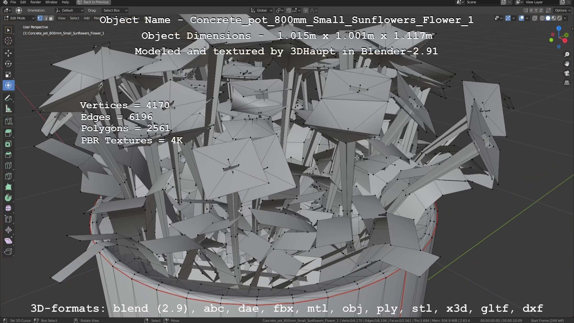 Concrete Pipe Pot 800mm Small with Sunflowers Version 1 Low-poly 3D model_84