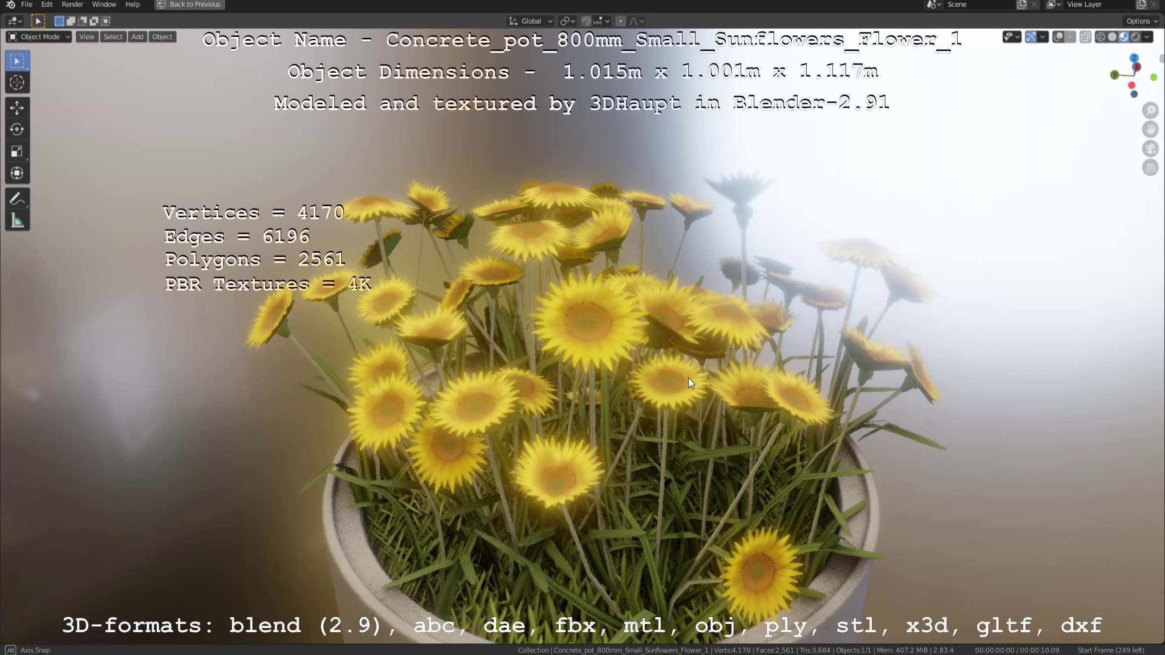 Concrete Pipe Pot 800mm Small with Sunflowers Version 1 Low-poly 3D model_94