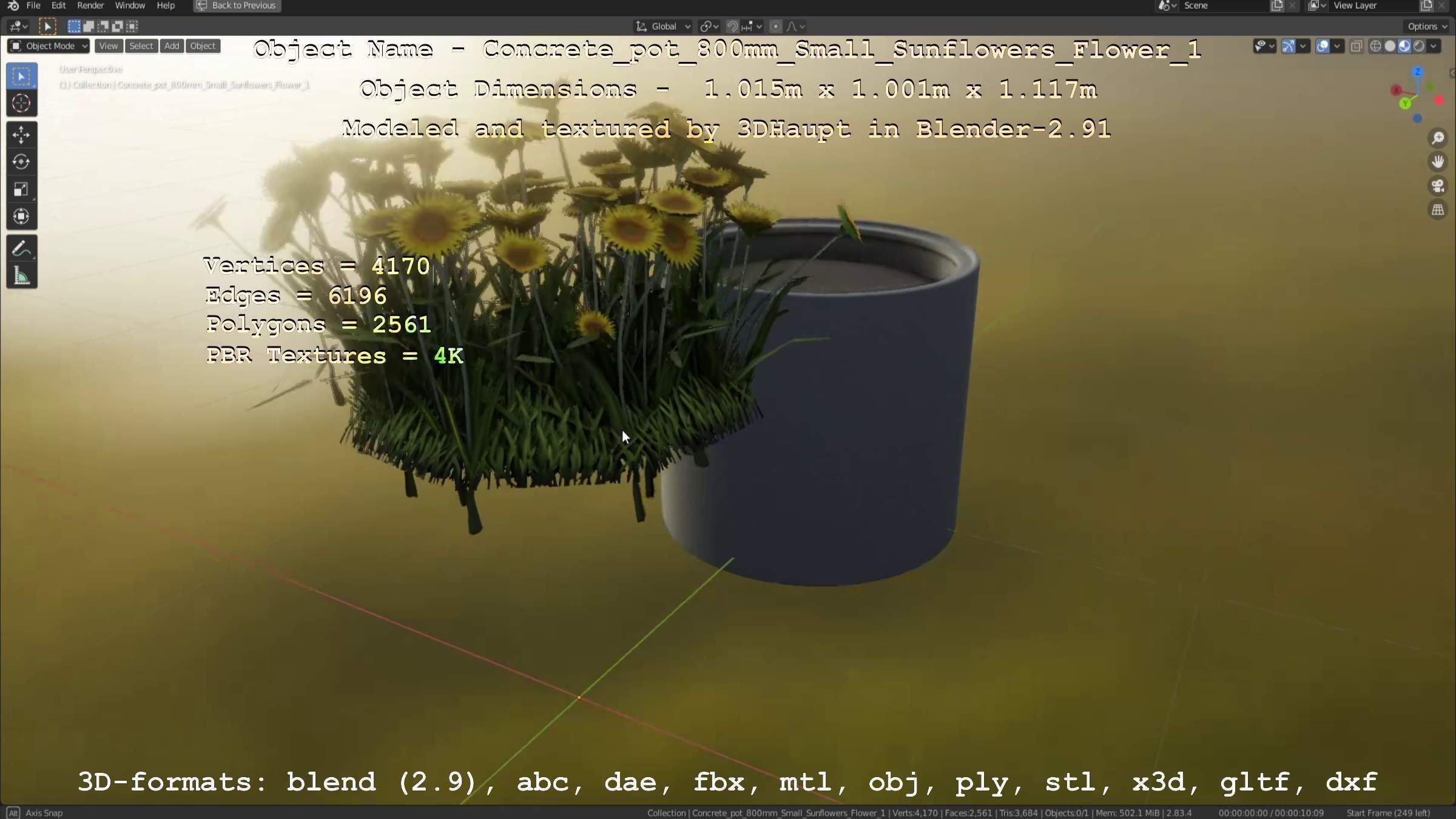 Concrete Pipe Pot 800mm Small with Sunflowers Version 1 Low-poly 3D model_67