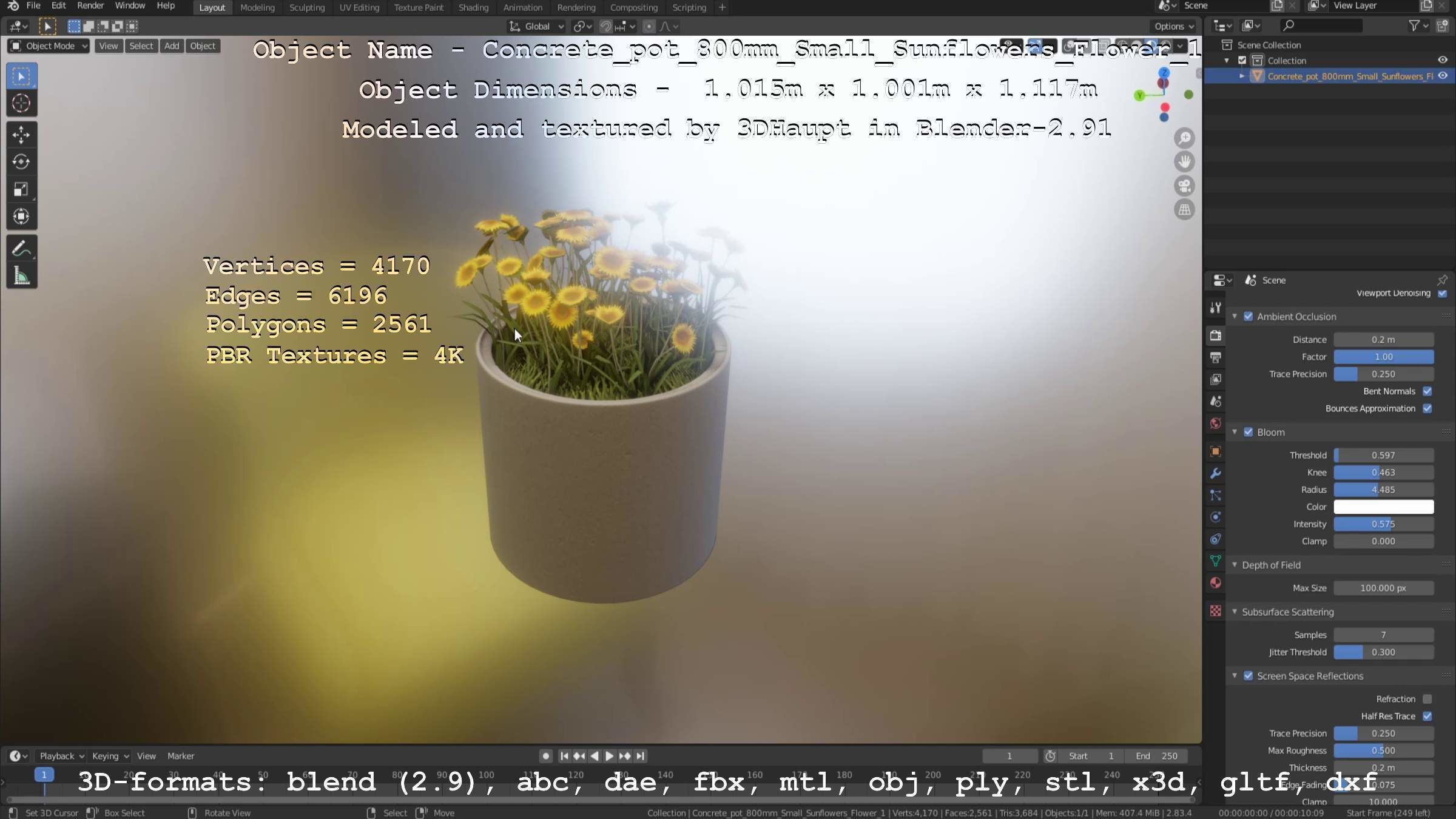 Concrete Pipe Pot 800mm Small with Sunflowers Version 1 Low-poly 3D model_33