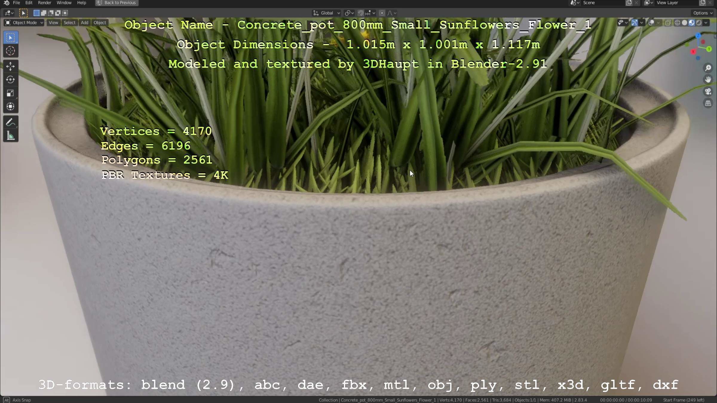 Concrete Pipe Pot 800mm Small with Sunflowers Version 1 Low-poly 3D model_39