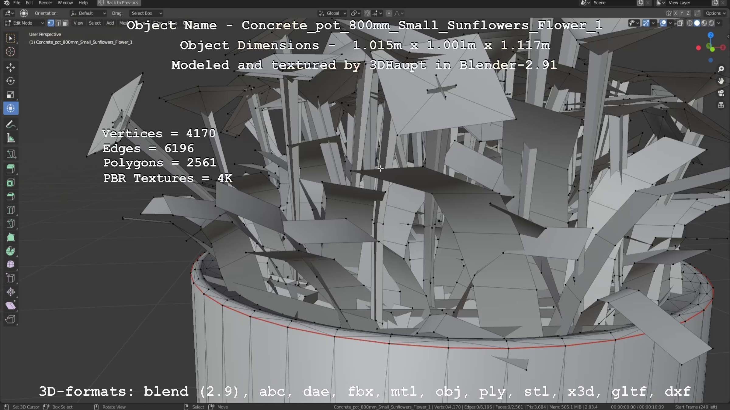 Concrete Pipe Pot 800mm Small with Sunflowers Version 1 Low-poly 3D model_128