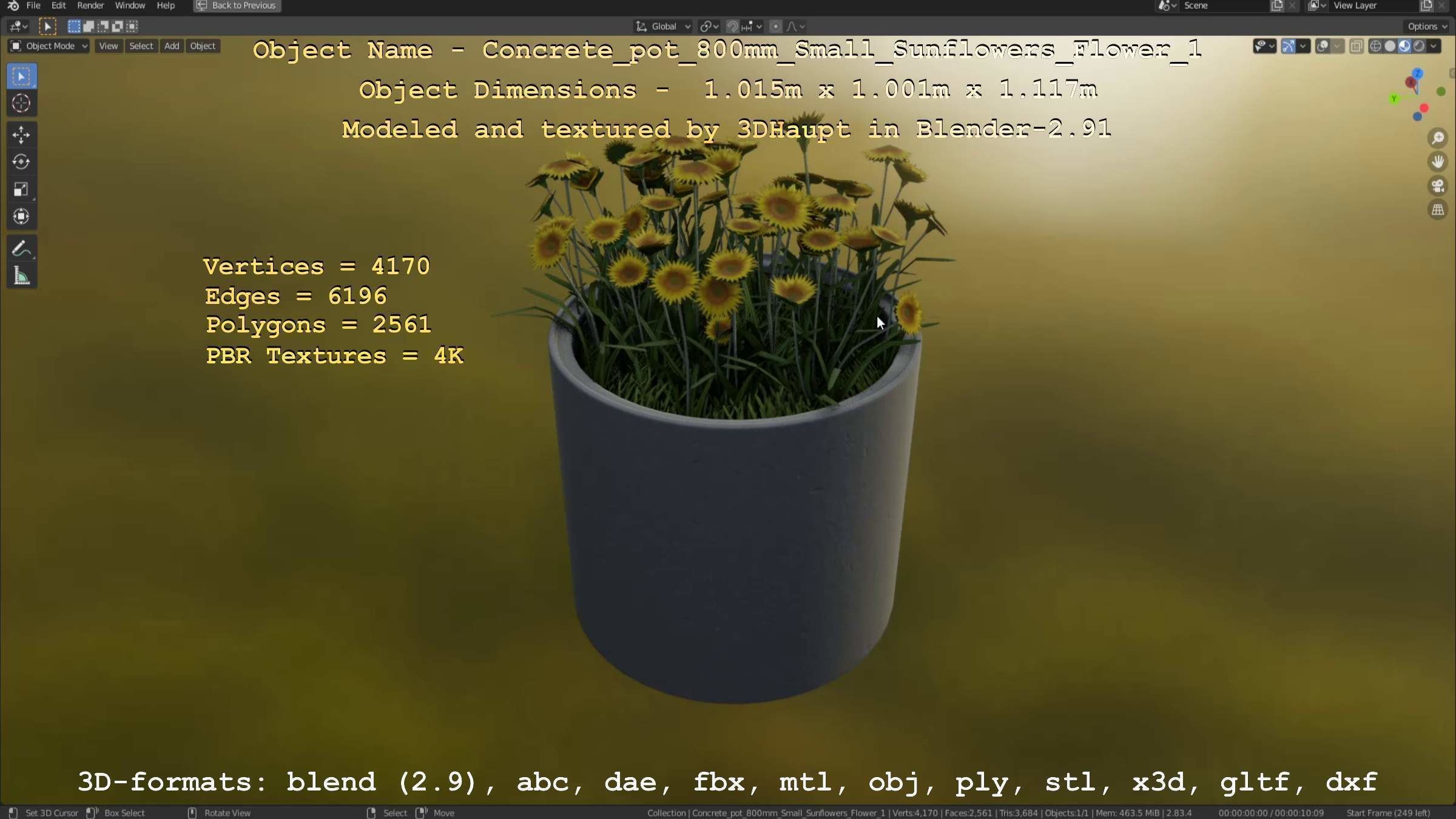 Concrete Pipe Pot 800mm Small with Sunflowers Version 1 Low-poly 3D model_115