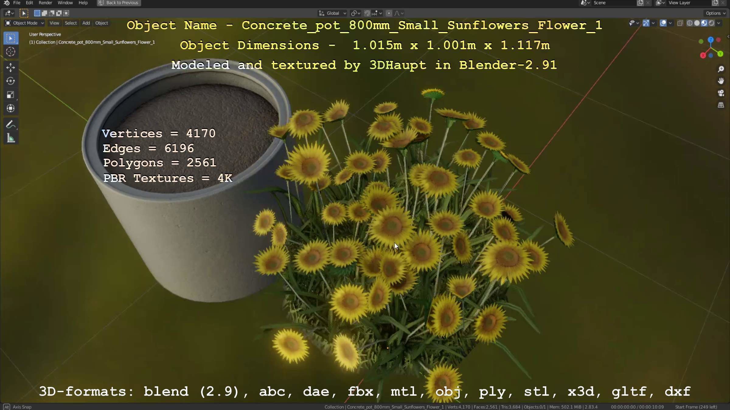 Concrete Pipe Pot 800mm Small with Sunflowers Version 1 Low-poly 3D model_70