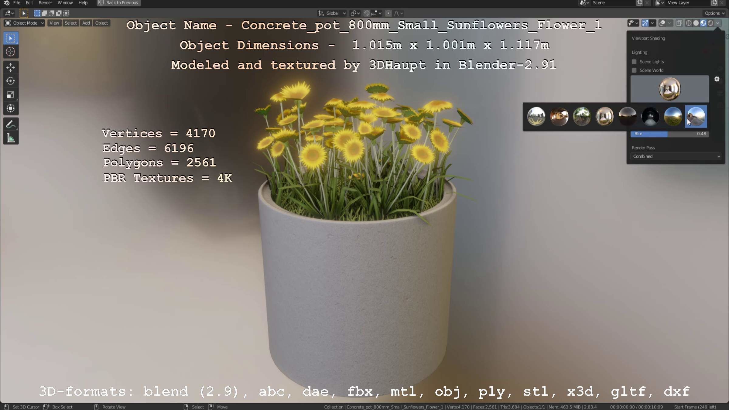 Concrete Pipe Pot 800mm Small with Sunflowers Version 1 Low-poly 3D model_108