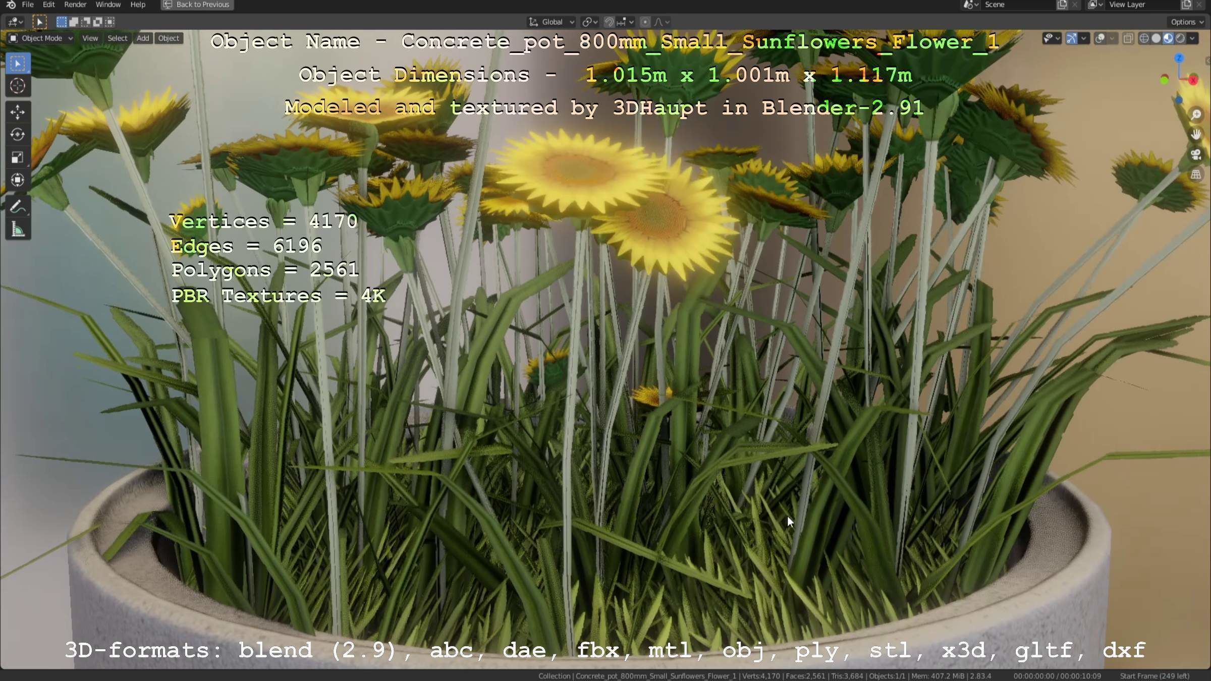 Concrete Pipe Pot 800mm Small with Sunflowers Version 1 Low-poly 3D model_86