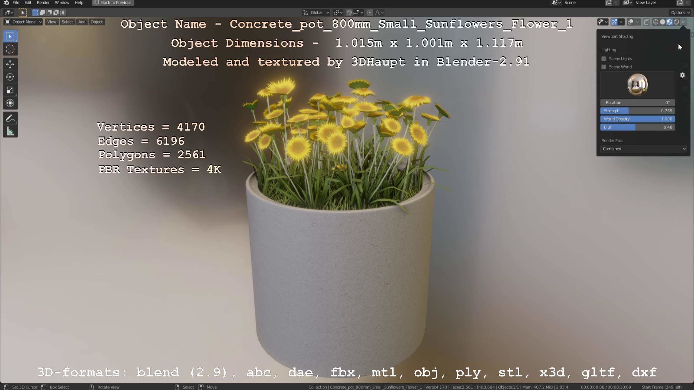 Concrete Pipe Pot 800mm Small with Sunflowers Version 1 Low-poly 3D model_103
