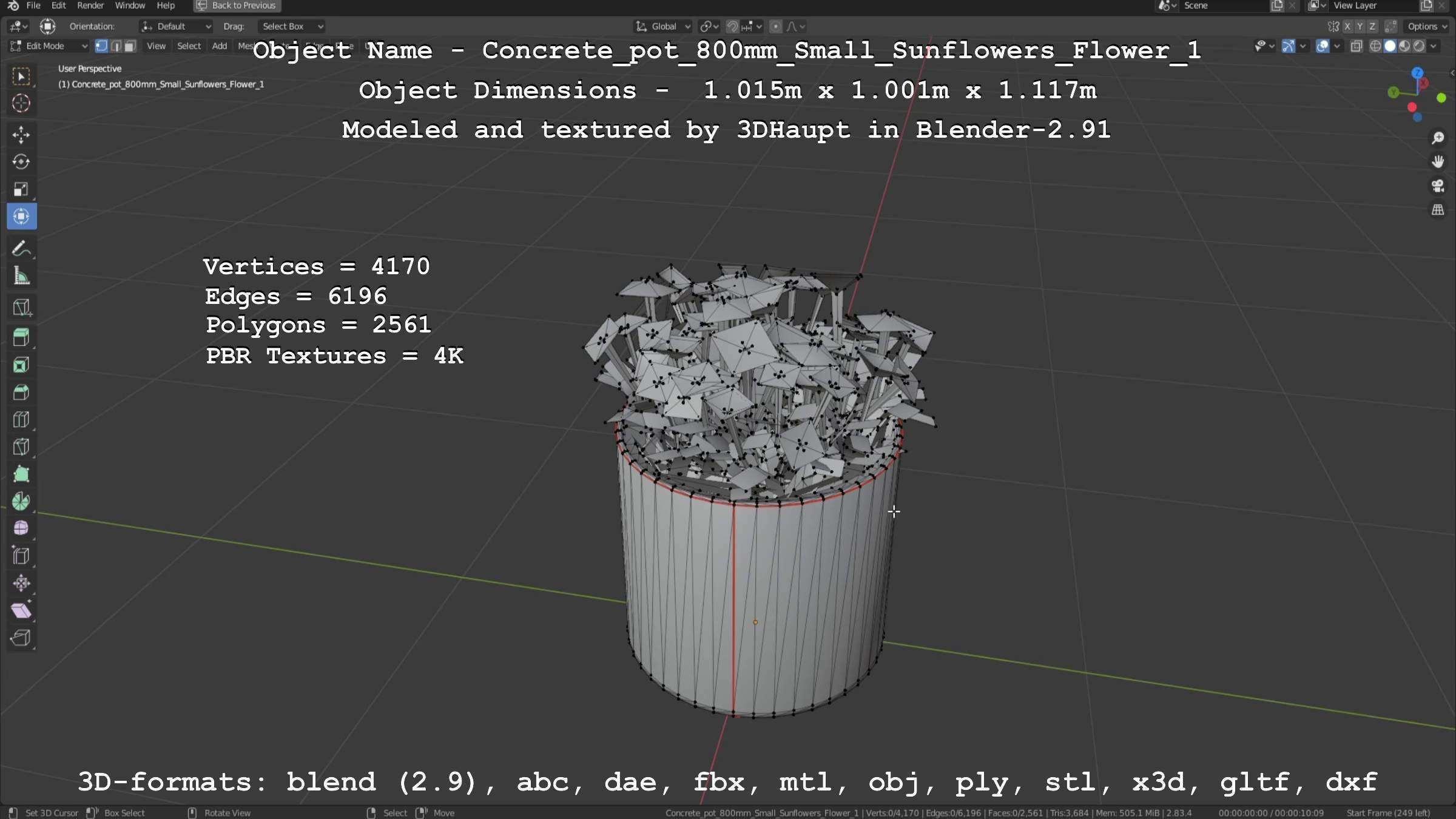 Concrete Pipe Pot 800mm Small with Sunflowers Version 1 Low-poly 3D model_54