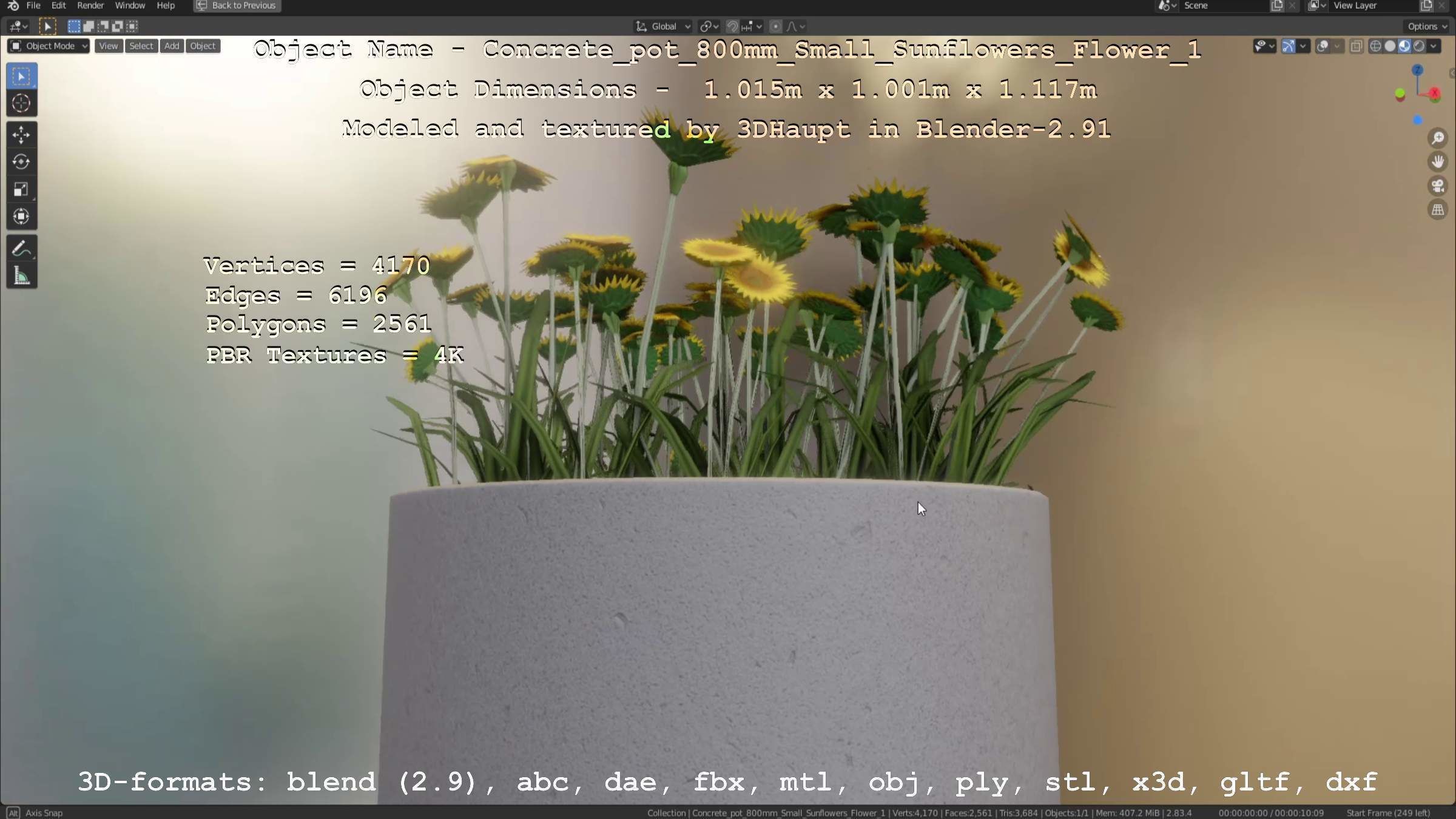 Concrete Pipe Pot 800mm Small with Sunflowers Version 1 Low-poly 3D model_88
