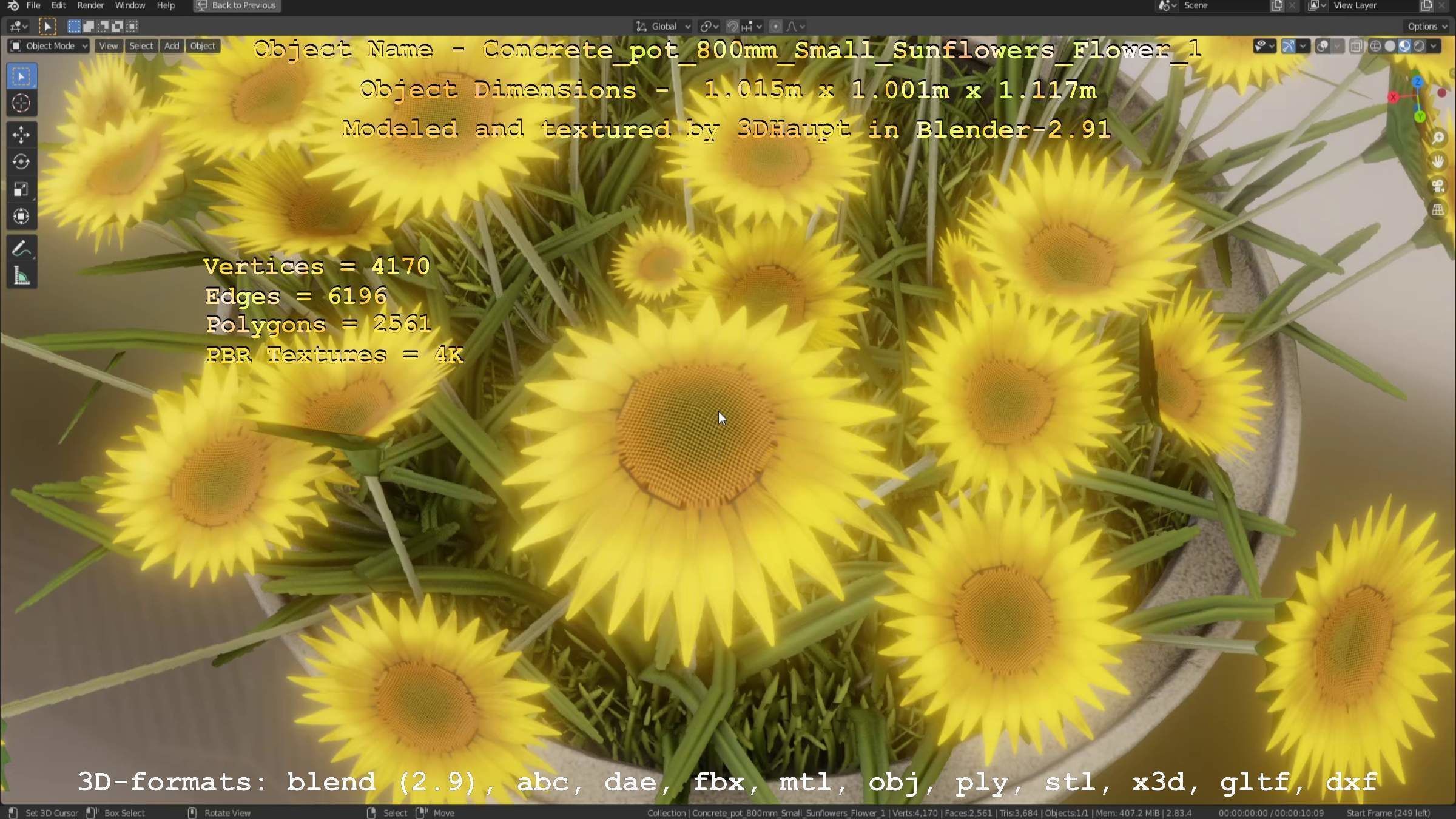 Concrete Pipe Pot 800mm Small with Sunflowers Version 1 Low-poly 3D model_36