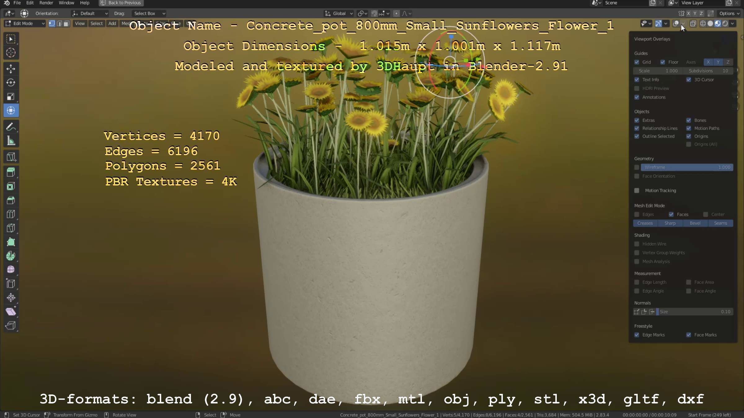 Concrete Pipe Pot 800mm Small with Sunflowers Version 1 Low-poly 3D model_126