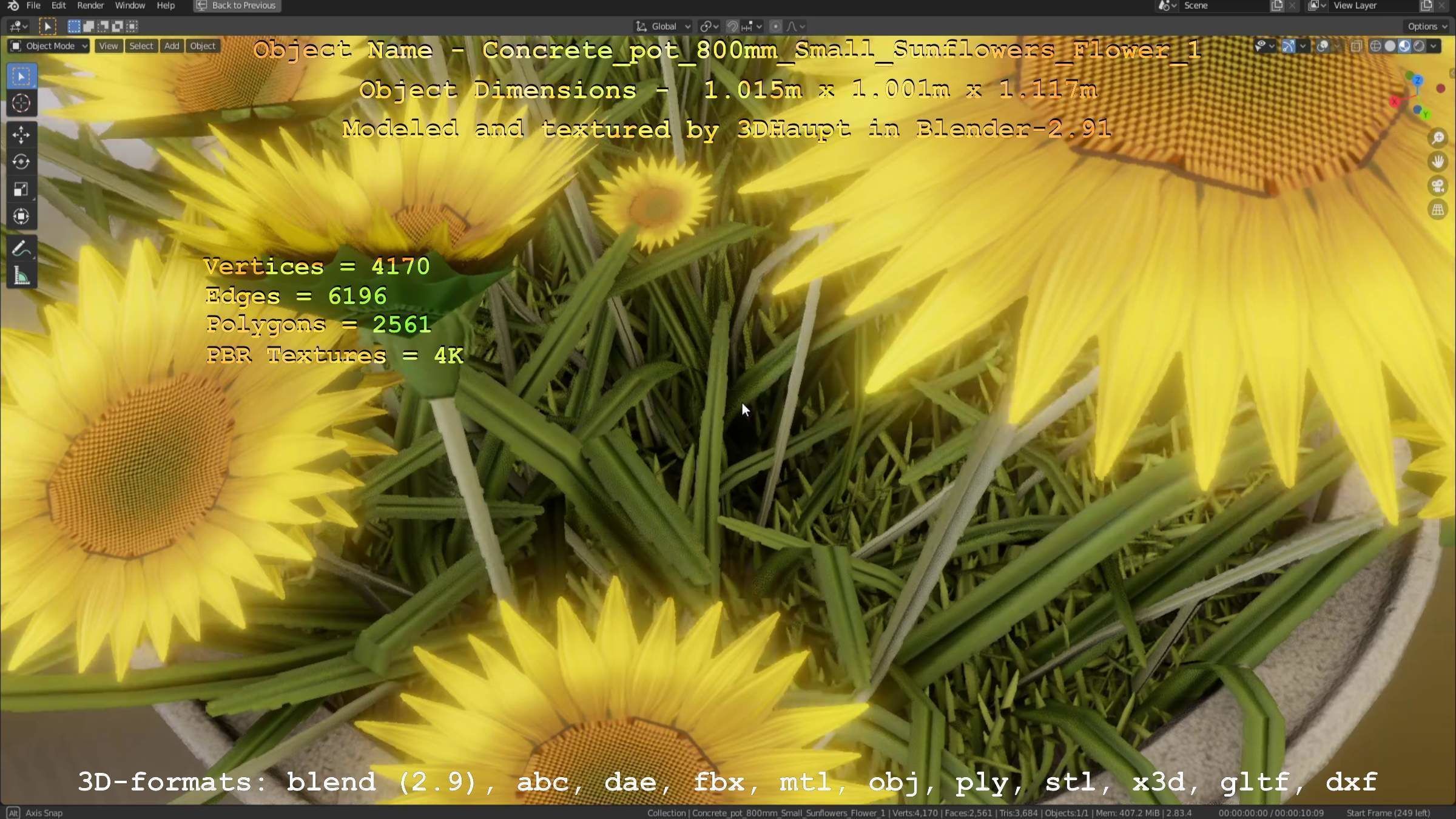 Concrete Pipe Pot 800mm Small with Sunflowers Version 1 Low-poly 3D model_37