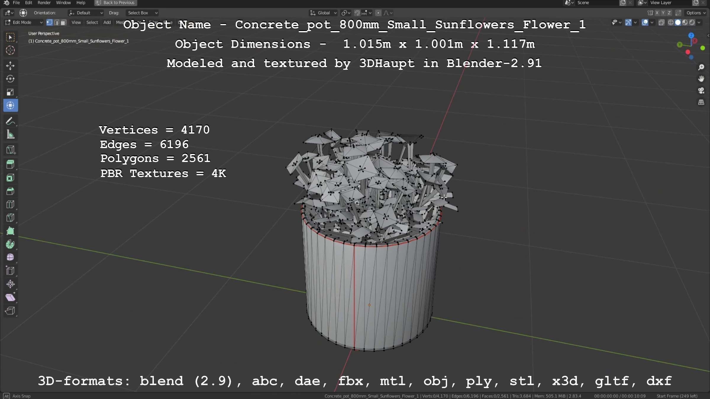 Concrete Pipe Pot 800mm Small with Sunflowers Version 1 Low-poly 3D model_53