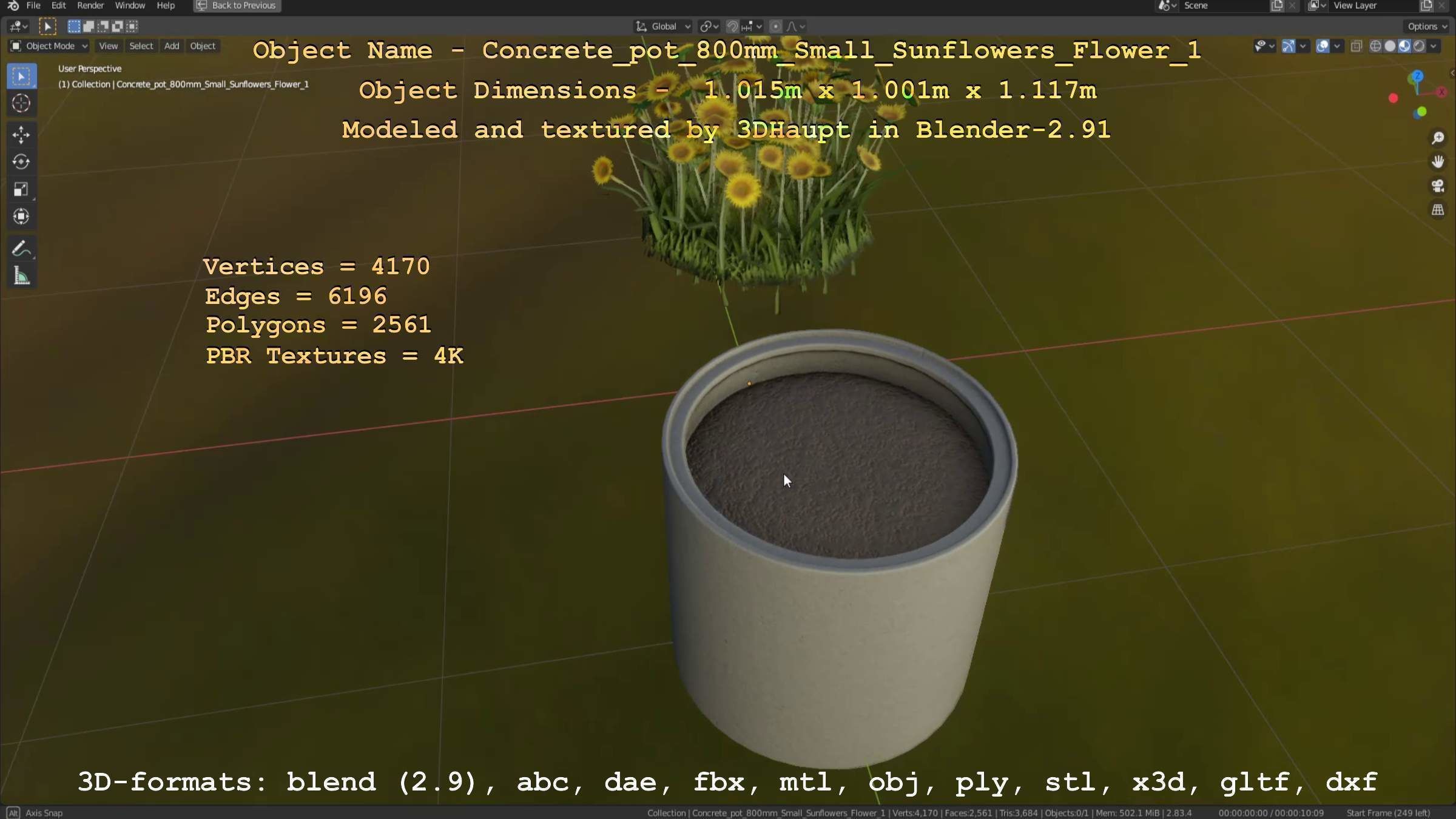 Concrete Pipe Pot 800mm Small with Sunflowers Version 1 Low-poly 3D model_75